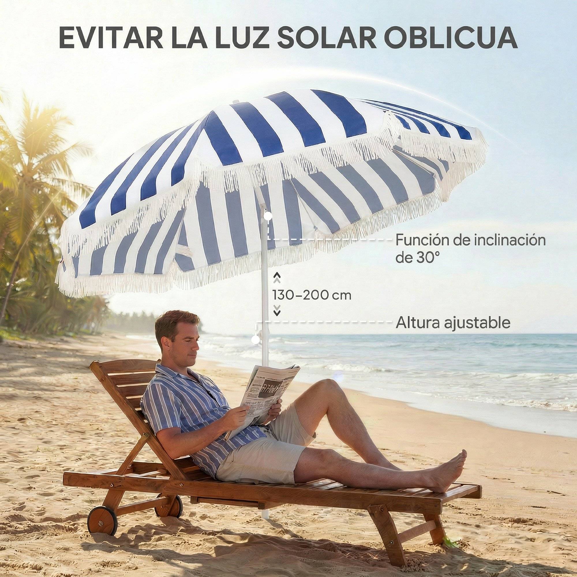 Parasol plage franges Ø180 cm, terrasse exterieur, hauteur ajustable, inclinaison 30°, bleu blanc - Image 7