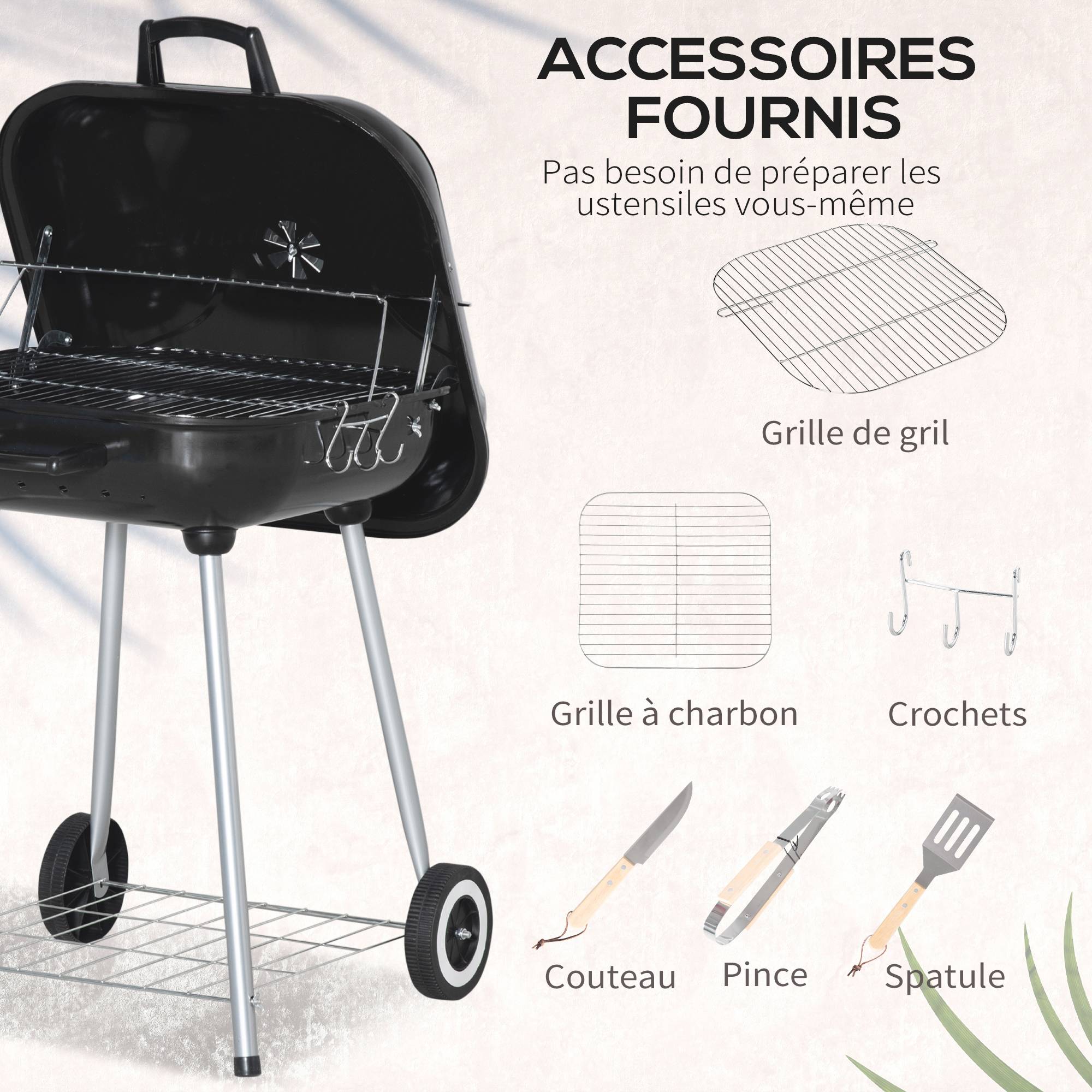 Outsunny - Barbecue à charbon - BBQ grill sur pied avec couvercle, roulettes - étagère, 3 crochets, 3 ustensiles, 2 grilles - acier émaillé noir - Outsunny - Imagen 7