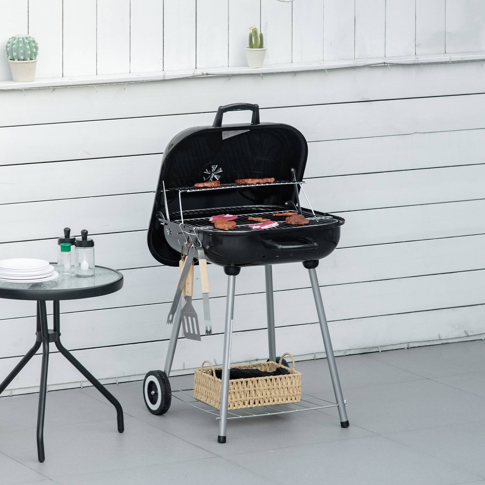 Outsunny - Barbecue à charbon - BBQ grill sur pied avec couvercle, roulettes - étagère, 3 crochets, 3 ustensiles, 2 grilles - acier émaillé noir - Outsunny - Imagen 2