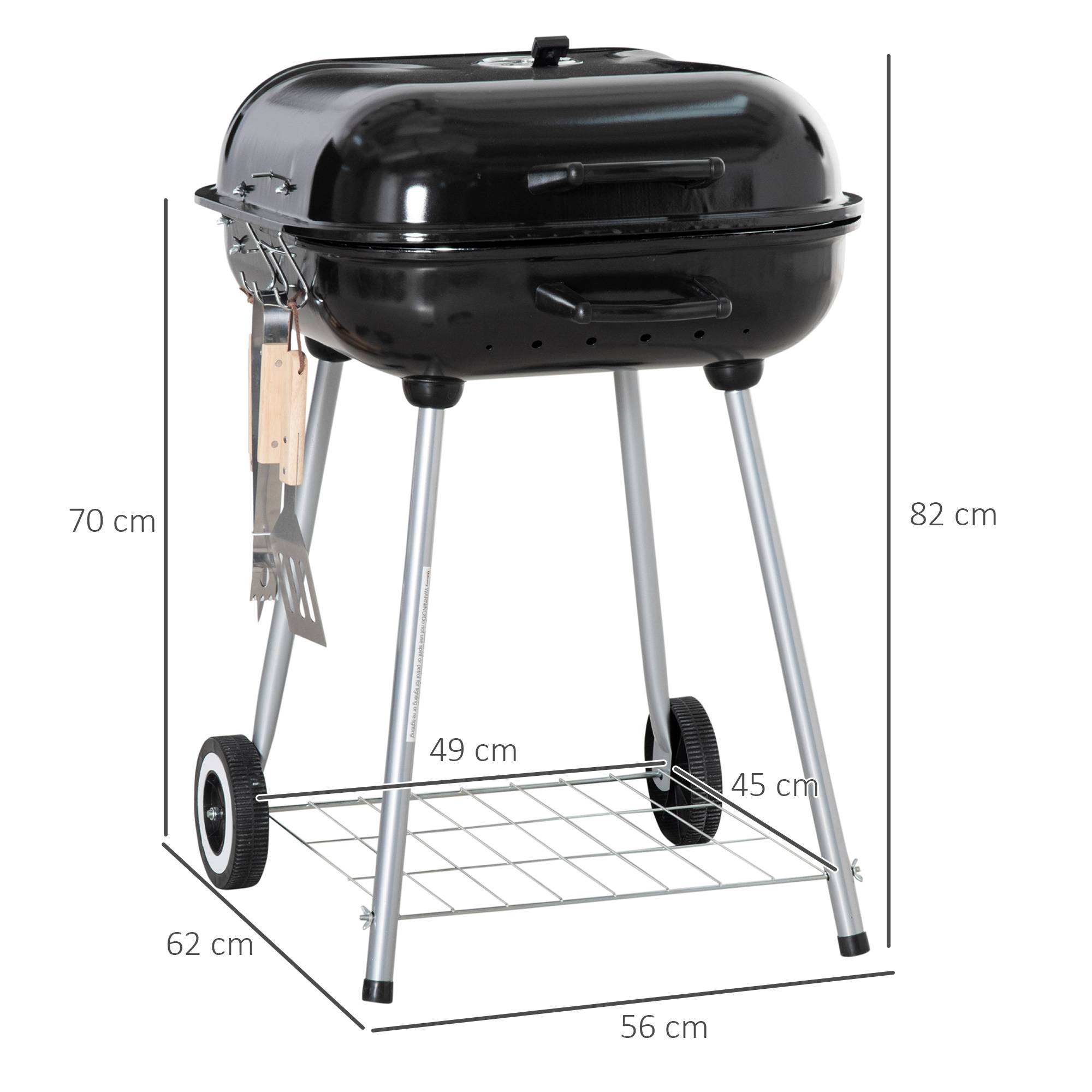 Outsunny - Barbecue à charbon - BBQ grill sur pied avec couvercle, roulettes - étagère, 3 crochets, 3 ustensiles, 2 grilles - acier émaillé noir - Outsunny - Imagen 3