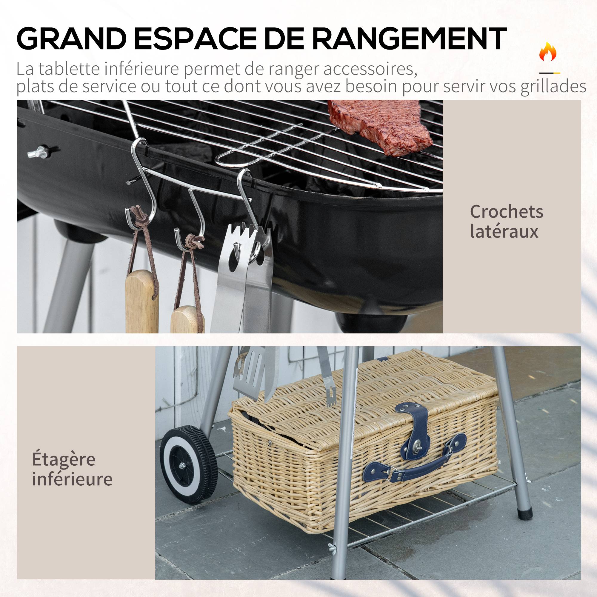Outsunny - Barbecue à charbon - BBQ grill sur pied avec couvercle, roulettes - étagère, 3 crochets, 3 ustensiles, 2 grilles - acier émaillé noir - Outsunny - Imagen 5