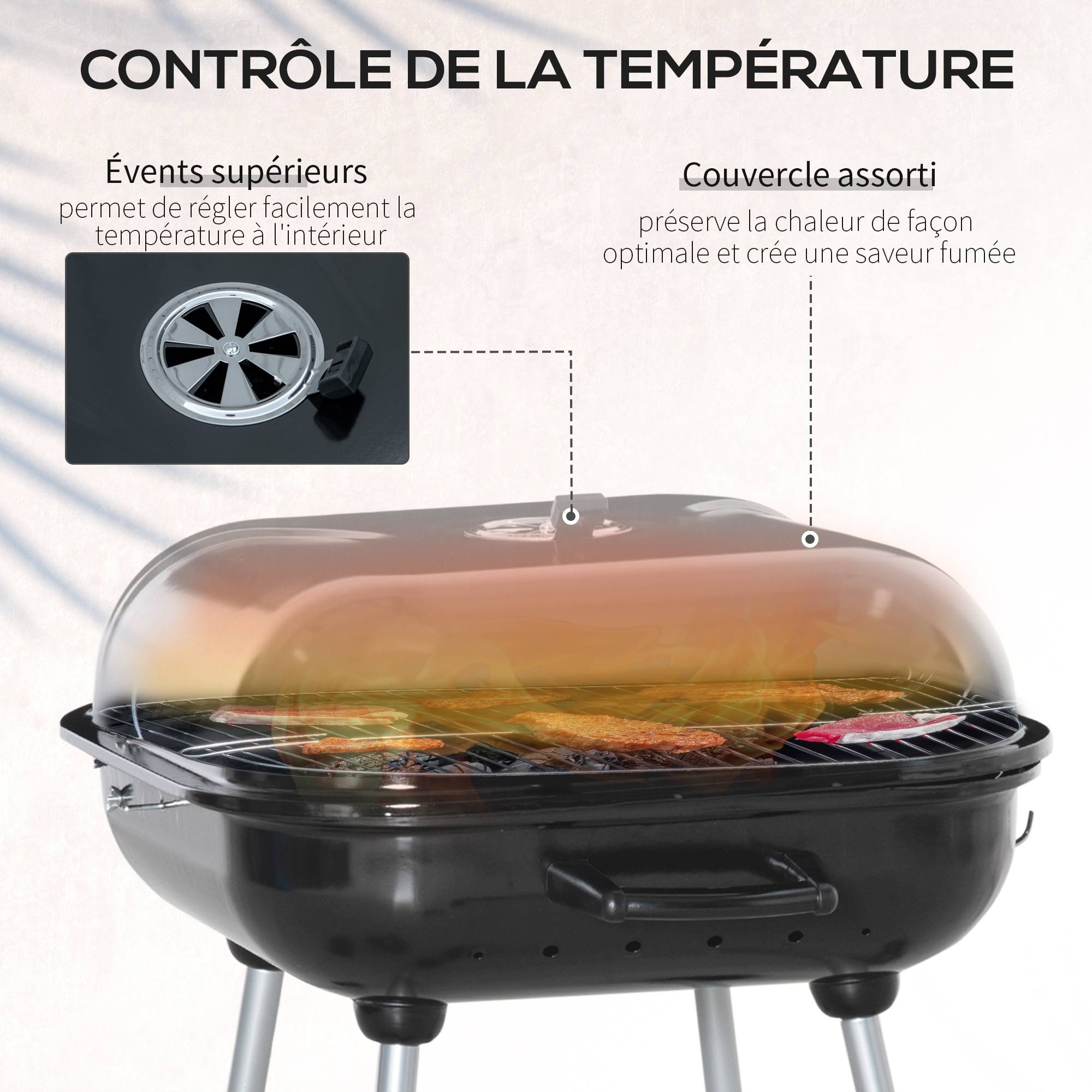 Outsunny - Barbecue à charbon - BBQ grill sur pied avec couvercle, roulettes - étagère, 3 crochets, 3 ustensiles, 2 grilles - acier émaillé noir - Outsunny - Imagen 4