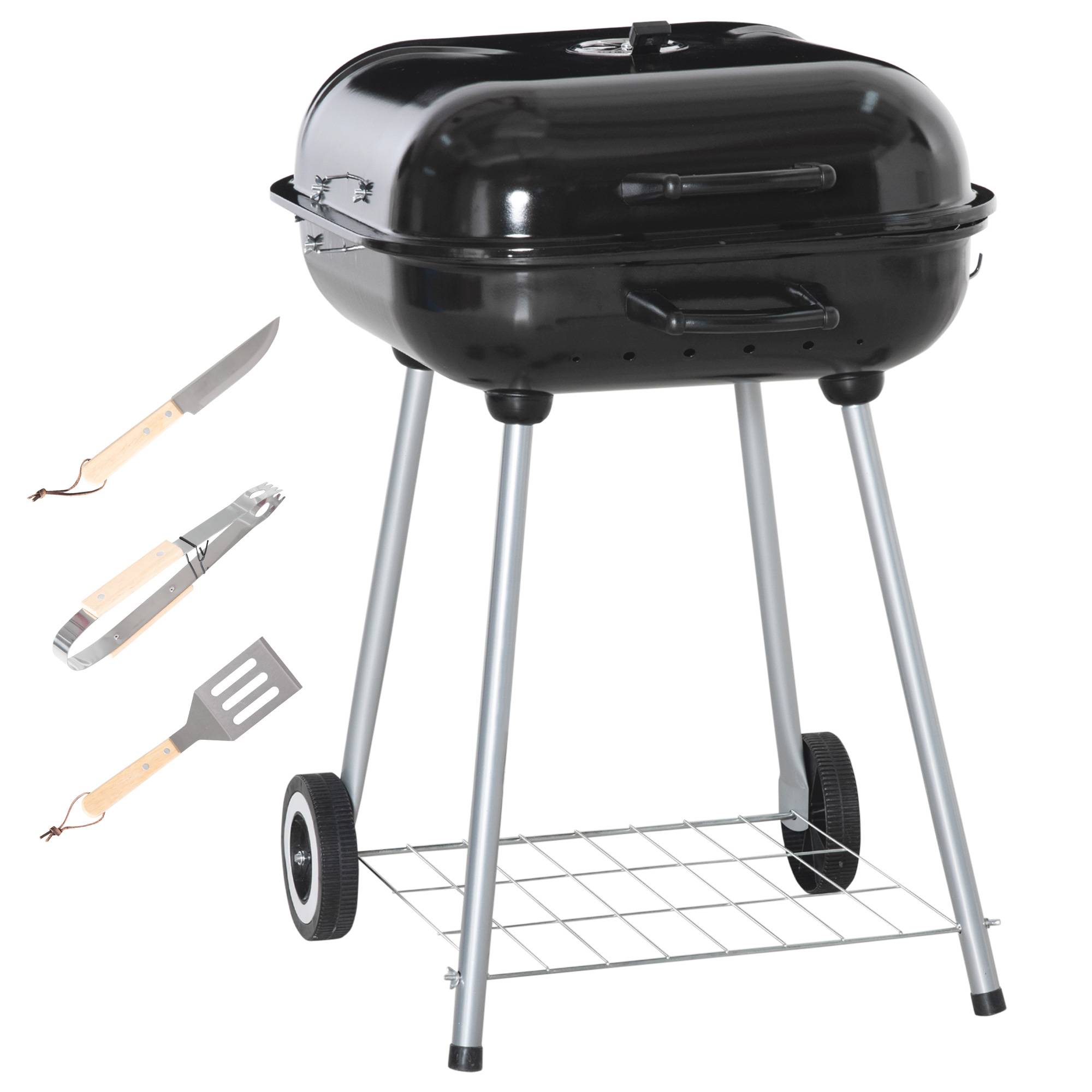 Outsunny - Barbecue à charbon - BBQ grill sur pied avec couvercle, roulettes - étagère, 3 crochets, 3 ustensiles, 2 grilles - acier émaillé noir - Outsunny - Imagen 1