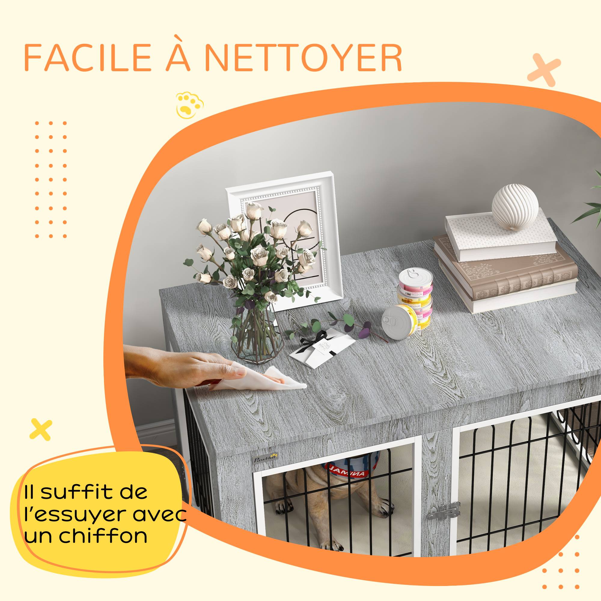 Pawhut - Cage pour chien sur pied - 2 portes verrouillables, coussin déhoussable inclus - acier filaire noir panneaux aspect bois gris - Imagen 7