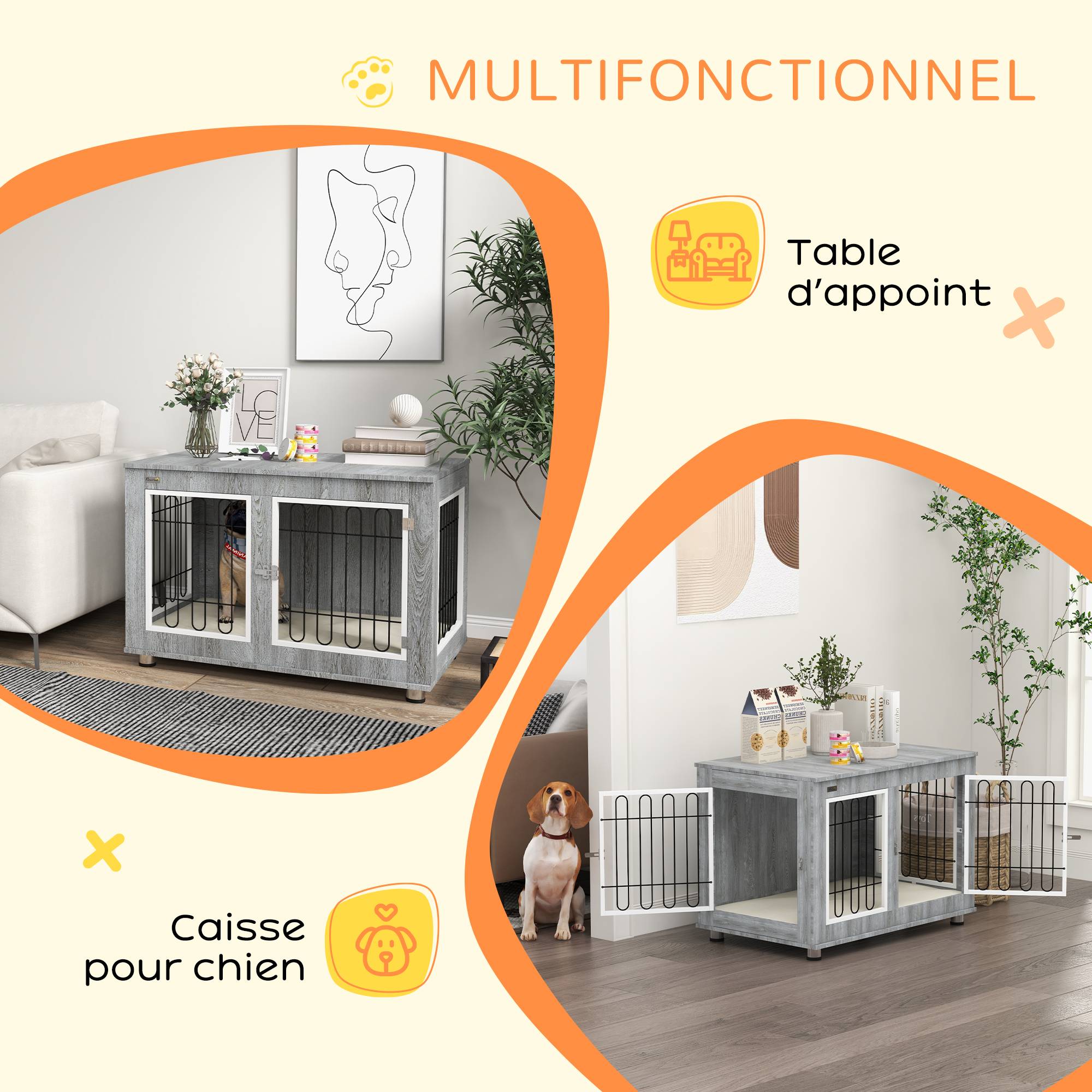 Pawhut - Cage pour chien sur pied - 2 portes verrouillables, coussin déhoussable inclus - acier filaire noir panneaux aspect bois gris - Imagen 5