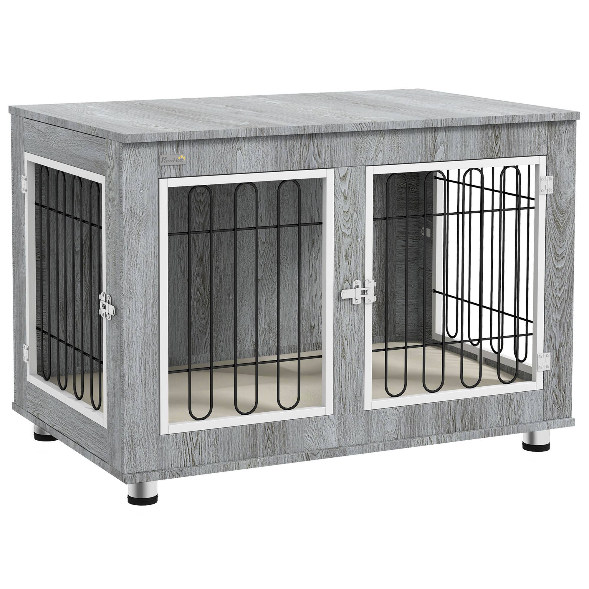 Pawhut - Cage pour chien sur pied - 2 portes verrouillables, coussin déhoussable inclus - acier filaire noir panneaux aspect bois gris - Imagen 1