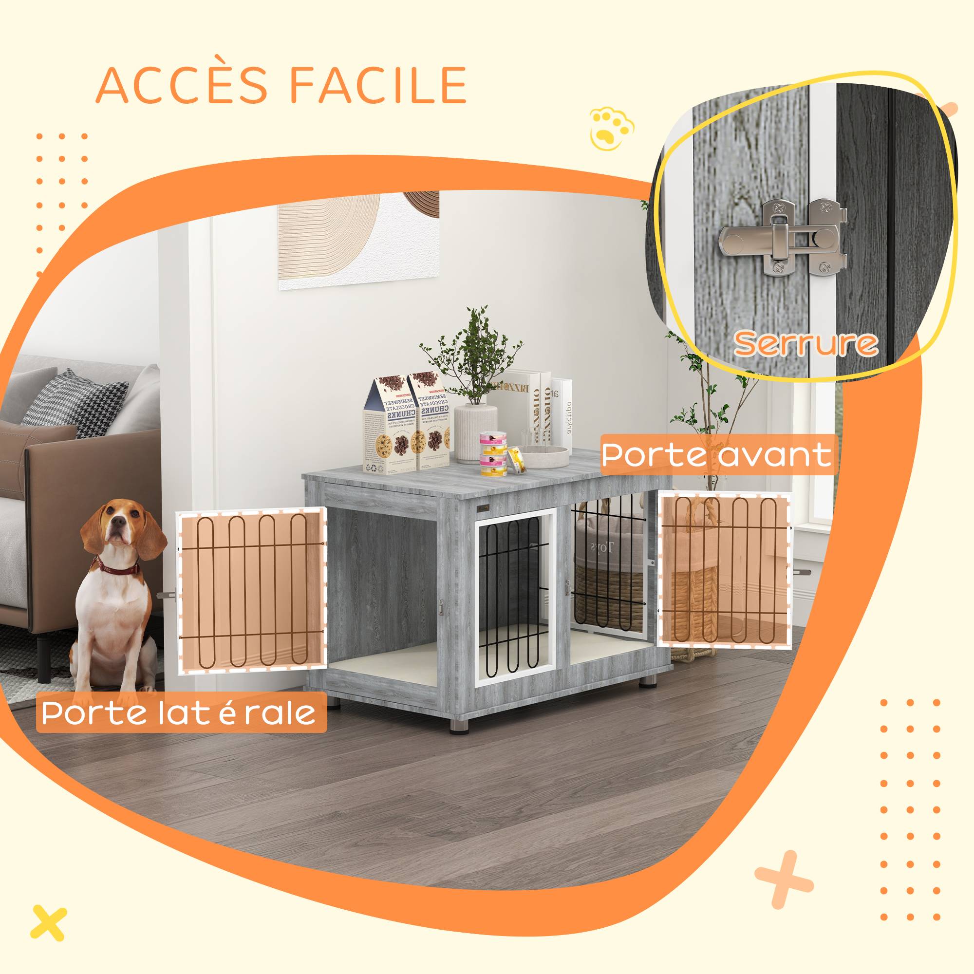Pawhut - Cage pour chien sur pied - 2 portes verrouillables, coussin déhoussable inclus - acier filaire noir panneaux aspect bois gris - Imagen 6