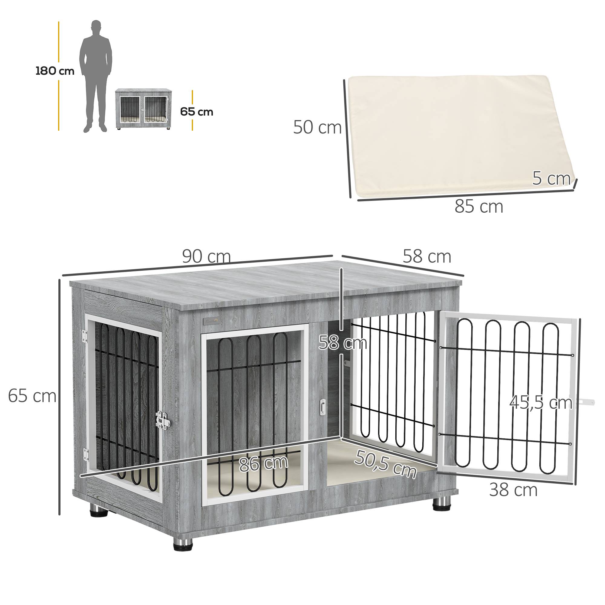 Pawhut - Cage pour chien sur pied - 2 portes verrouillables, coussin déhoussable inclus - acier filaire noir panneaux aspect bois gris - Imagen 3