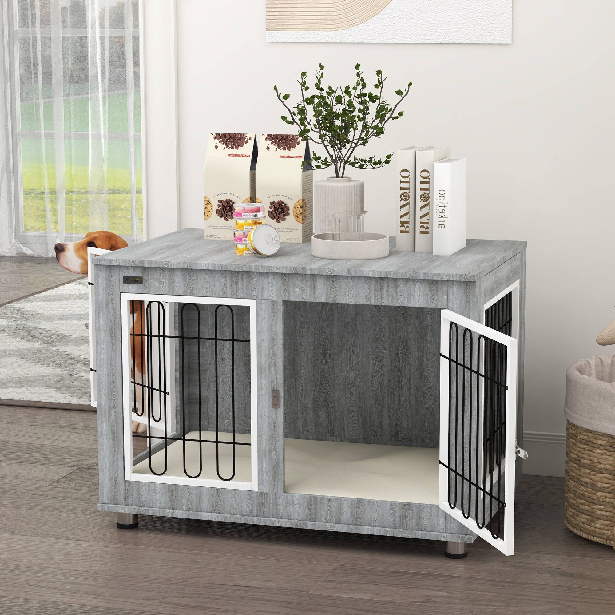 Pawhut - Cage pour chien sur pied - 2 portes verrouillables, coussin déhoussable inclus - acier filaire noir panneaux aspect bois gris - Imagen 8