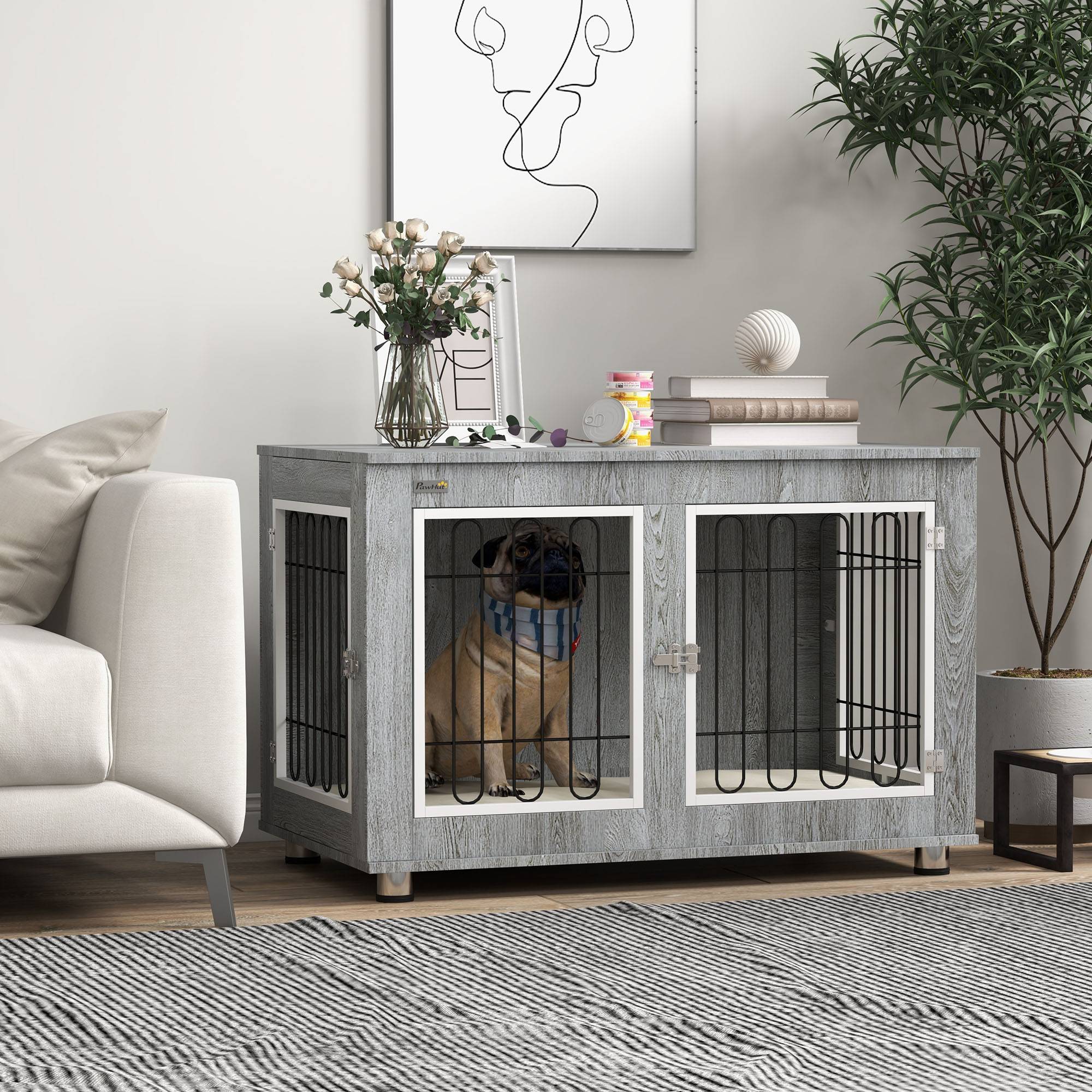 Pawhut - Cage pour chien sur pied - 2 portes verrouillables, coussin déhoussable inclus - acier filaire noir panneaux aspect bois gris - Imagen 2