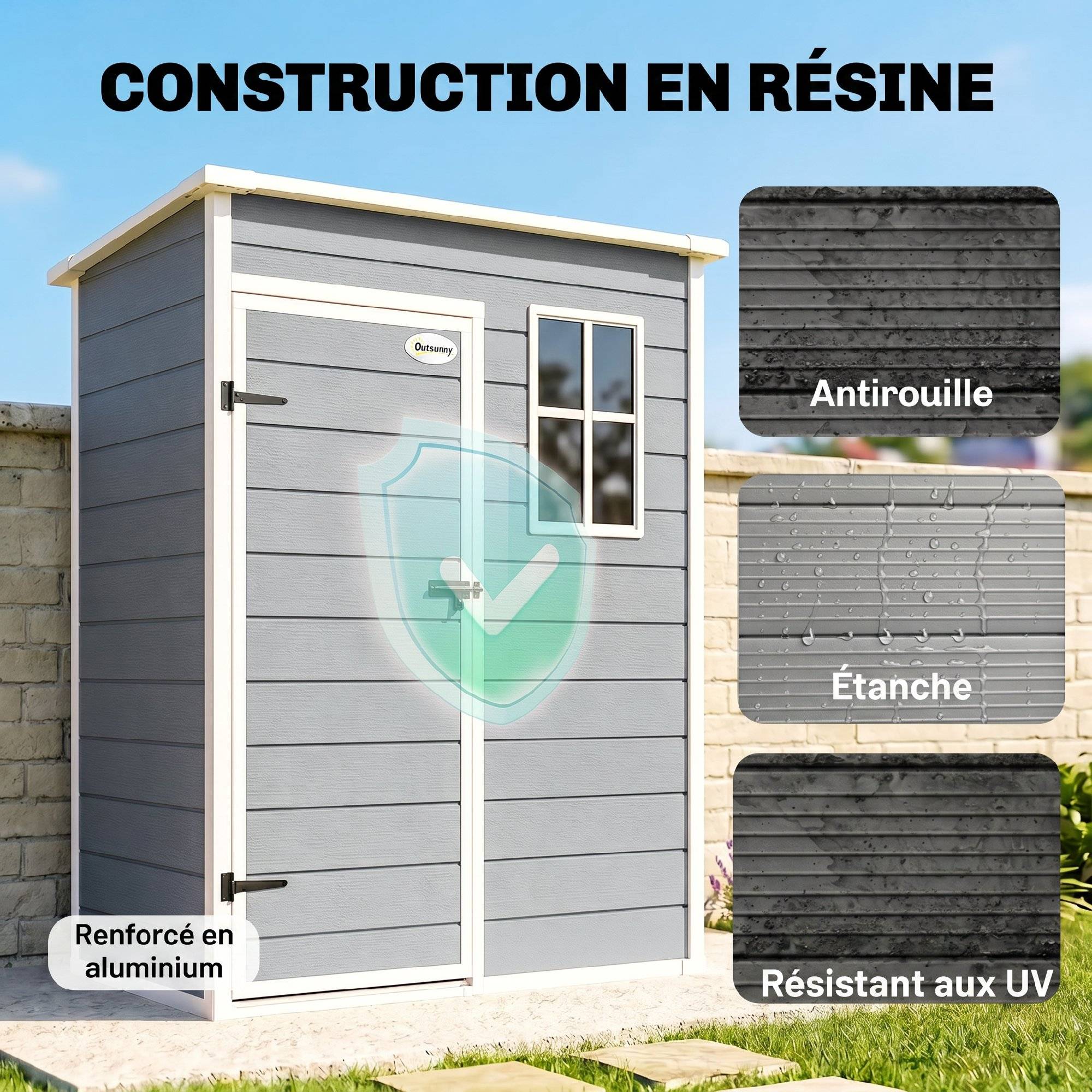ComfortXL - Abri de jardin résine aluminium extérieur remise outils porte sécurisée 151x92x193cm gris - ComfortXL Outdoor Living - Image 6