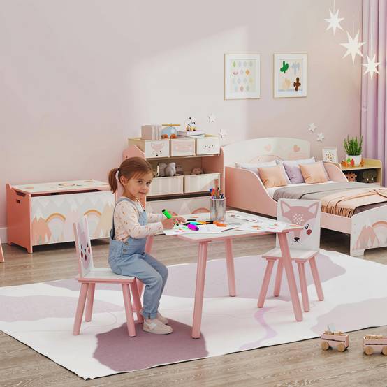 Ensemble mobilier enfant bois pin, table et 2 chaises motifs animaux, chambre enfant 3-8 ans, rose - Image 3