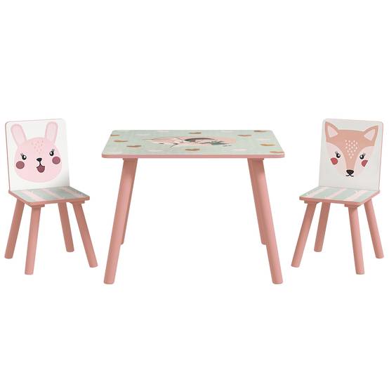 Ensemble mobilier enfant bois pin, table et 2 chaises motifs animaux, chambre enfant 3-8 ans, rose - Image 1