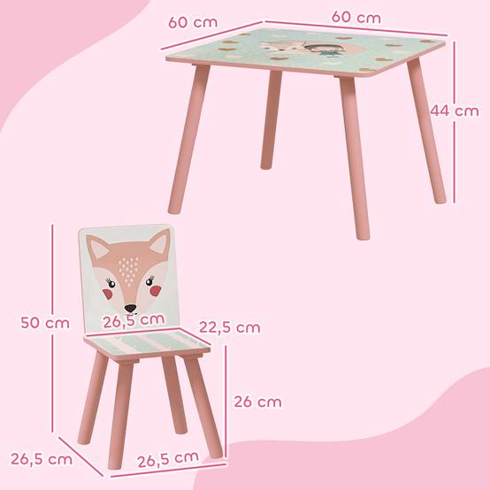 Ensemble mobilier enfant bois pin, table et 2 chaises motifs animaux, chambre enfant 3-8 ans, rose - Image 5