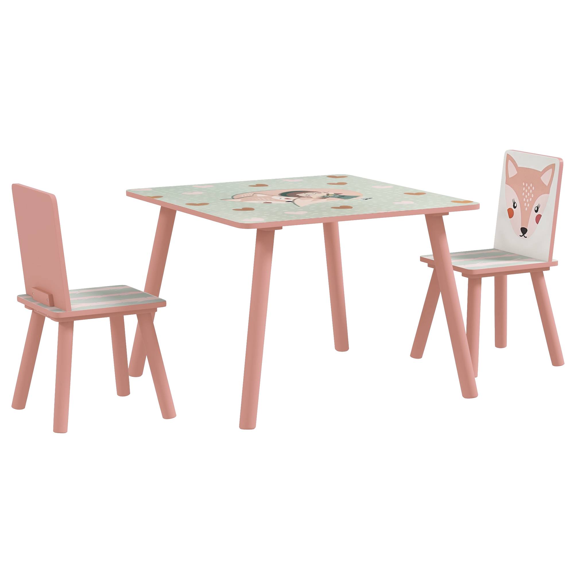 Ensemble mobilier enfant bois pin, table et 2 chaises motifs animaux, chambre enfant 3-8 ans, rose - Image 2