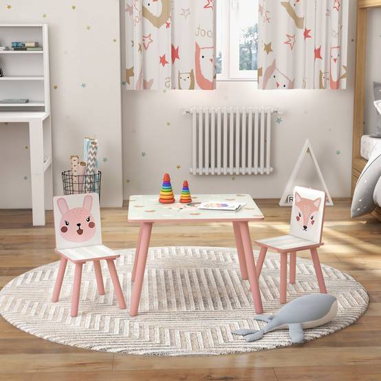 Ensemble mobilier enfant bois pin, table et 2 chaises motifs animaux, chambre enfant 3-8 ans, rose - Image 4