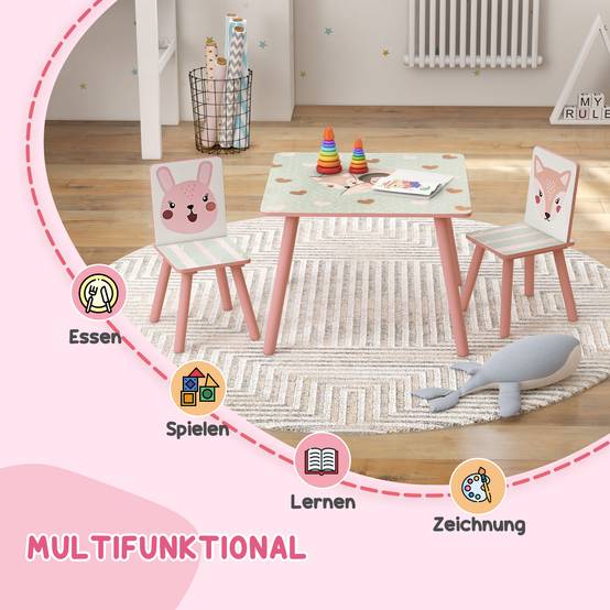 Ensemble mobilier enfant bois pin, table et 2 chaises motifs animaux, chambre enfant 3-8 ans, rose - Image 6