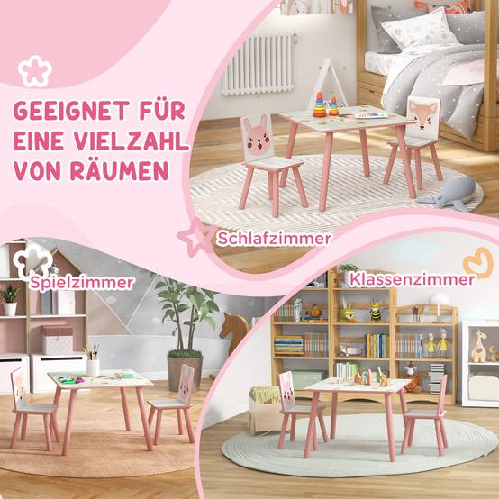 Ensemble mobilier enfant bois pin, table et 2 chaises motifs animaux, chambre enfant 3-8 ans, rose - Image 8