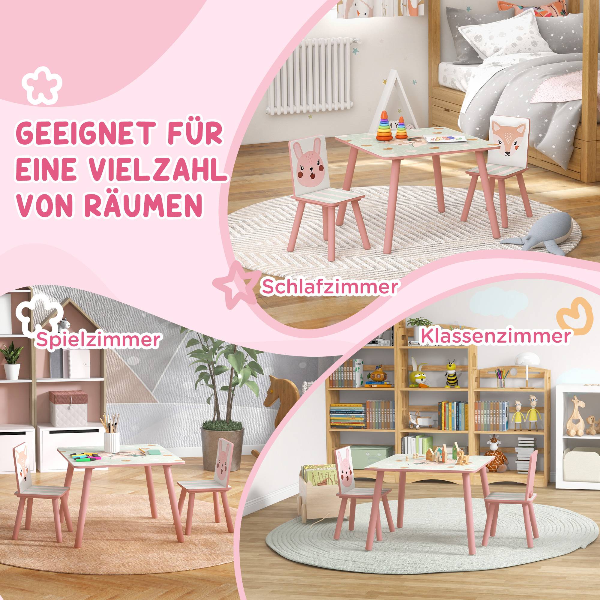 Ensemble mobilier enfant bois pin, table et 2 chaises motifs animaux, chambre enfant 3-8 ans, rose - Image 8