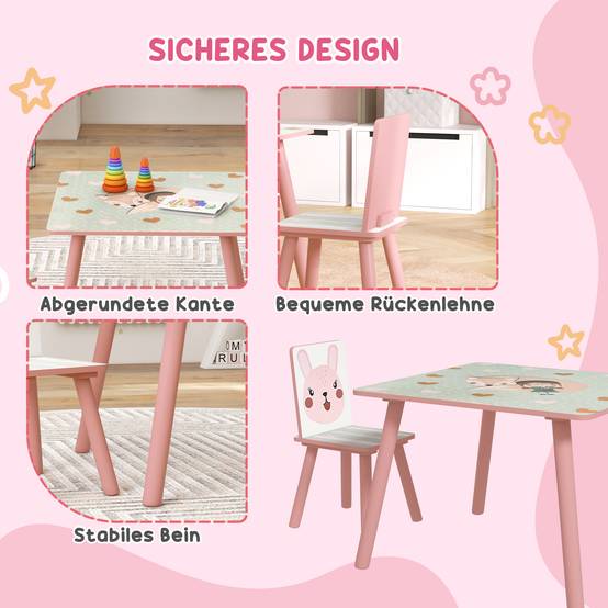 Ensemble mobilier enfant bois pin, table et 2 chaises motifs animaux, chambre enfant 3-8 ans, rose - Image 7