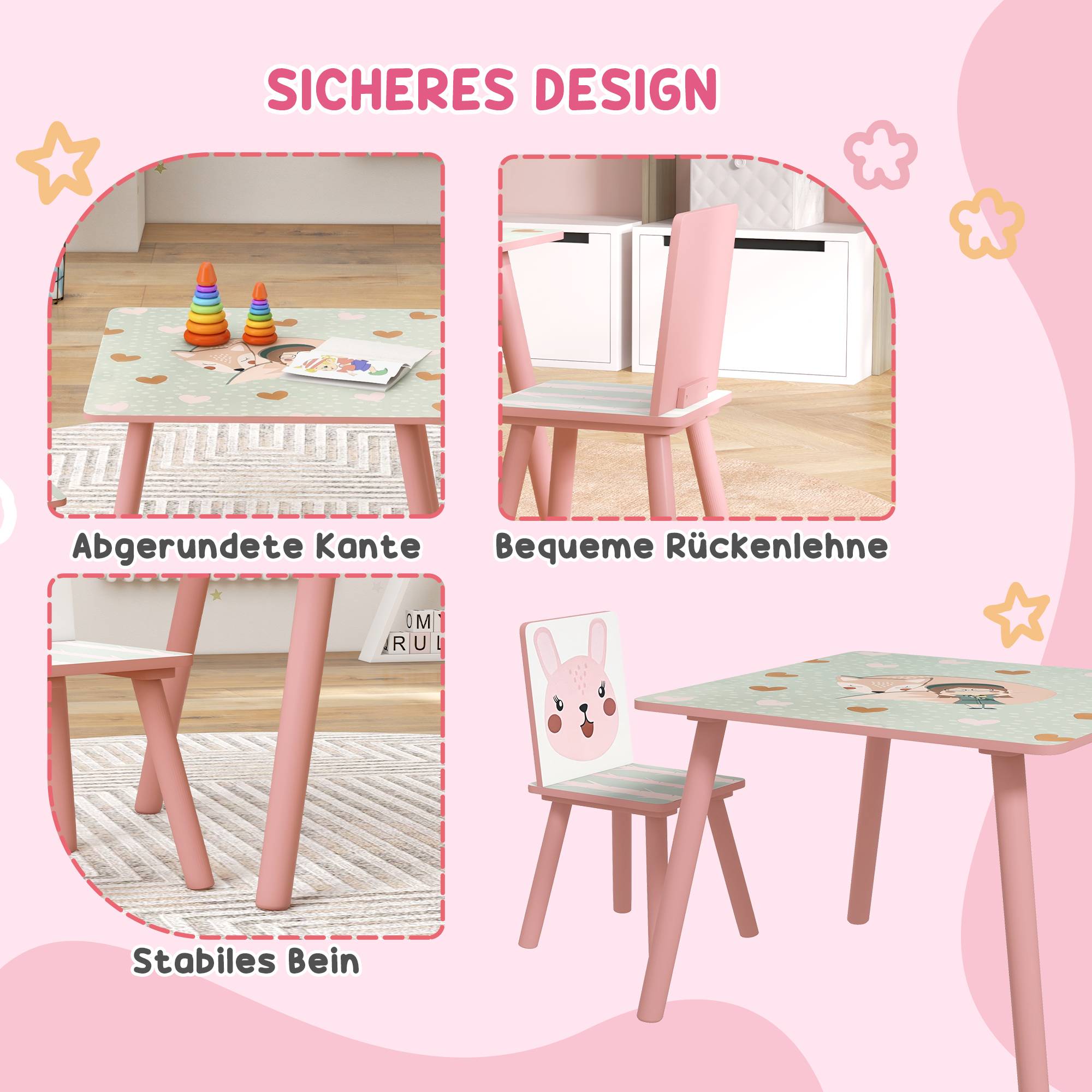 Ensemble mobilier enfant bois pin, table et 2 chaises motifs animaux, chambre enfant 3-8 ans, rose - Image 7