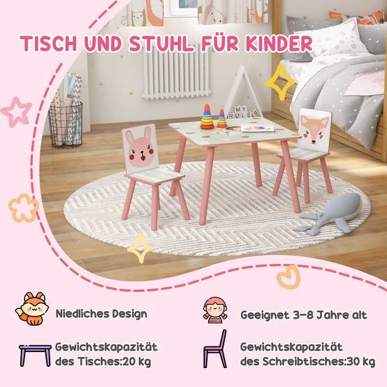 Ensemble mobilier enfant bois pin, table et 2 chaises motifs animaux, chambre enfant 3-8 ans, rose - Image 9