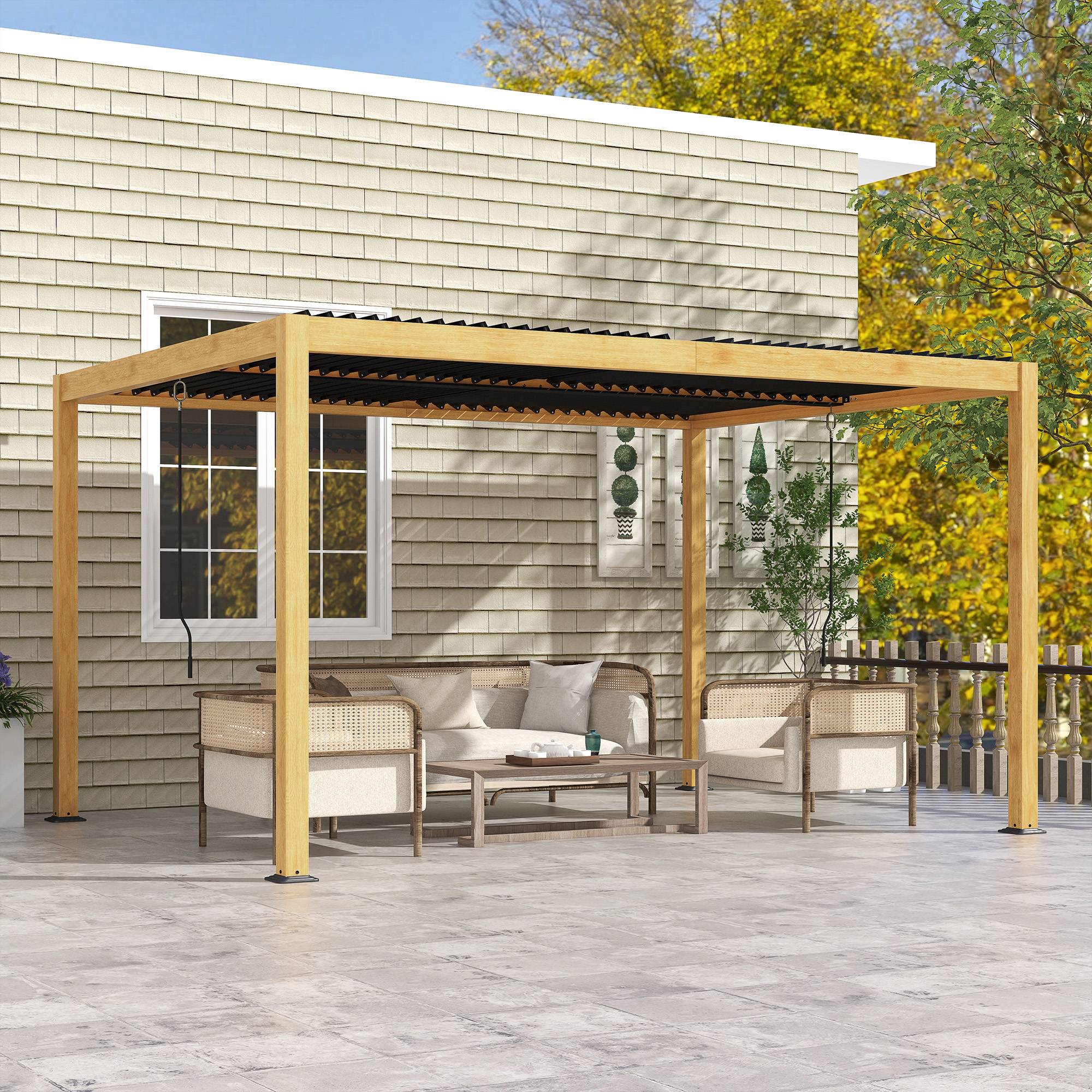 Outsunny - Pergola bioclimatique 3 x 4 m style contemporain aluminium effet bois lames orientables gris noir - Outsunny - Image 2