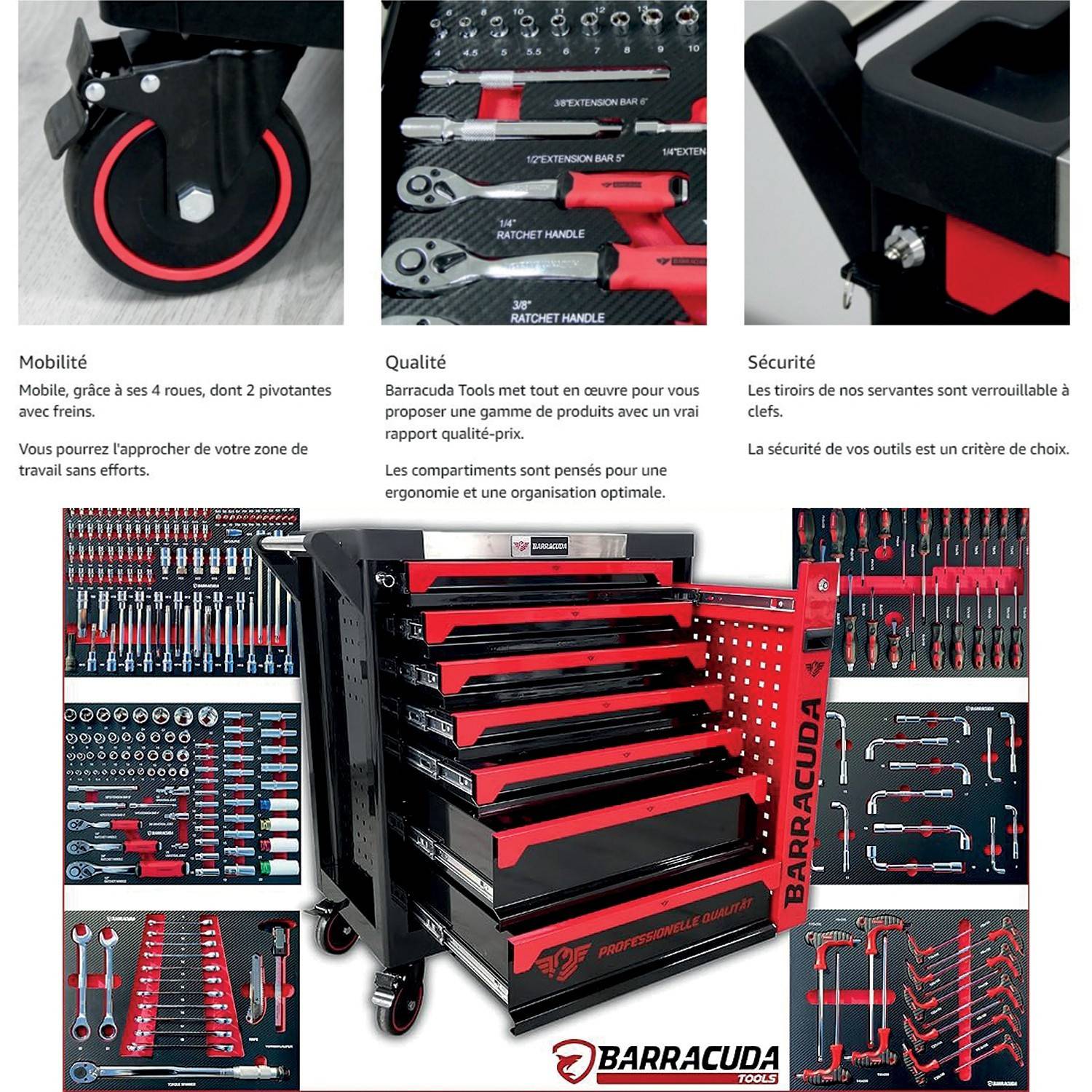 Servante d'atelier complète Barracuda Tools CUDA Max XXL 8 tiroirs 6 outillés, 4 roues, 2 freins, Chariot MECANICIEN, GARAGISTE - Image 4