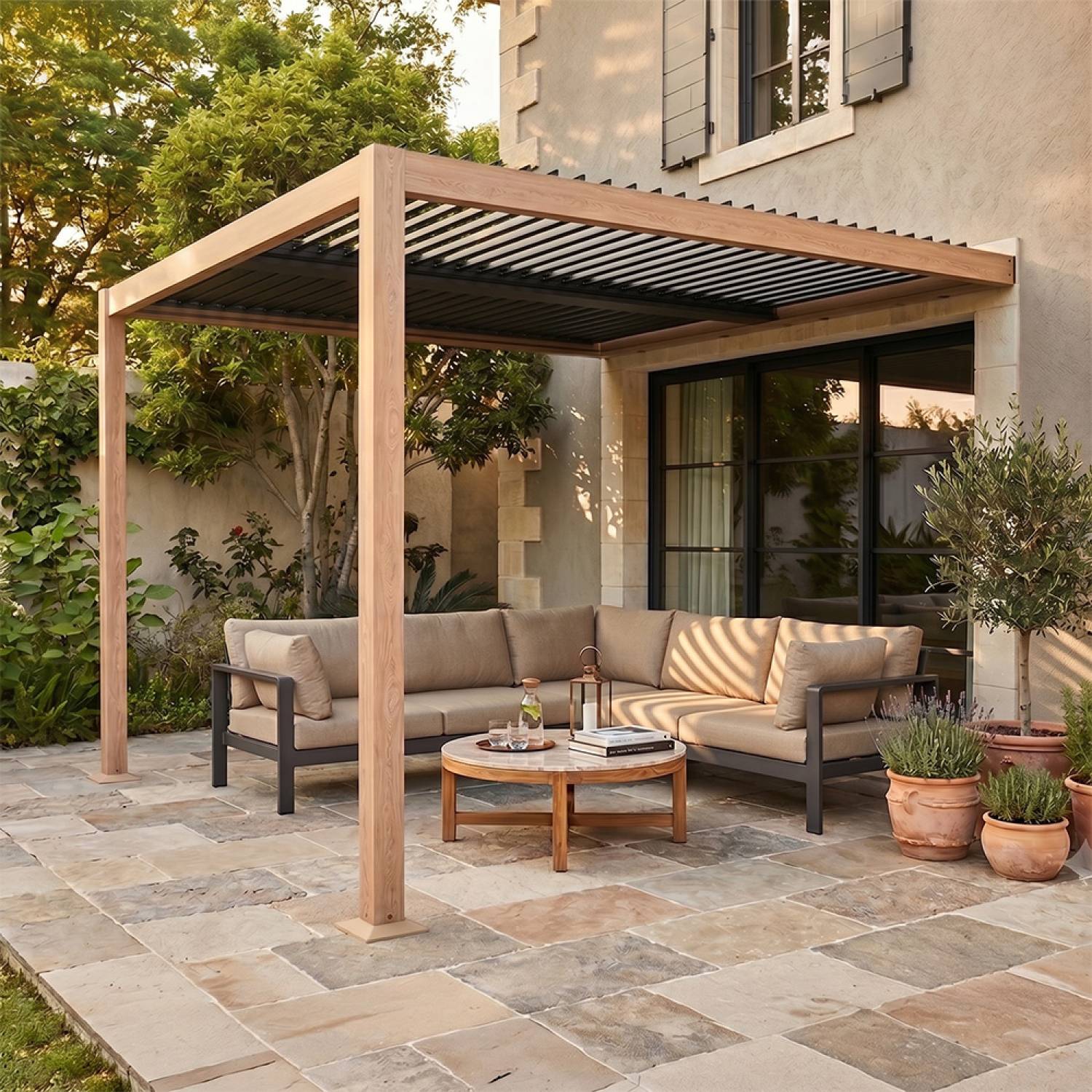 Pergola bioclimatique 3x3m adossée effet bois SIFNOS - Image 4