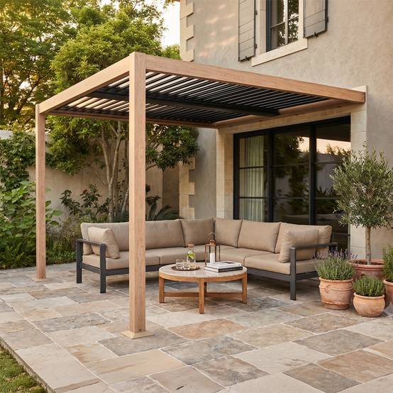 Pergola bioclimatique 3x3m adossée effet bois SIFNOS - Image 2