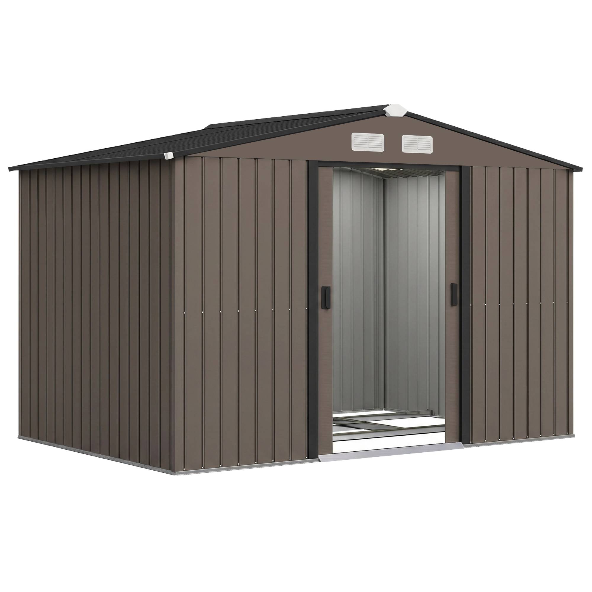 Abri de jardin 4,9 m² (277 x 195 x 192 cm) avec 2 portes coulissantes, toit en pente et 4 fenêtres, marron - Image 1
