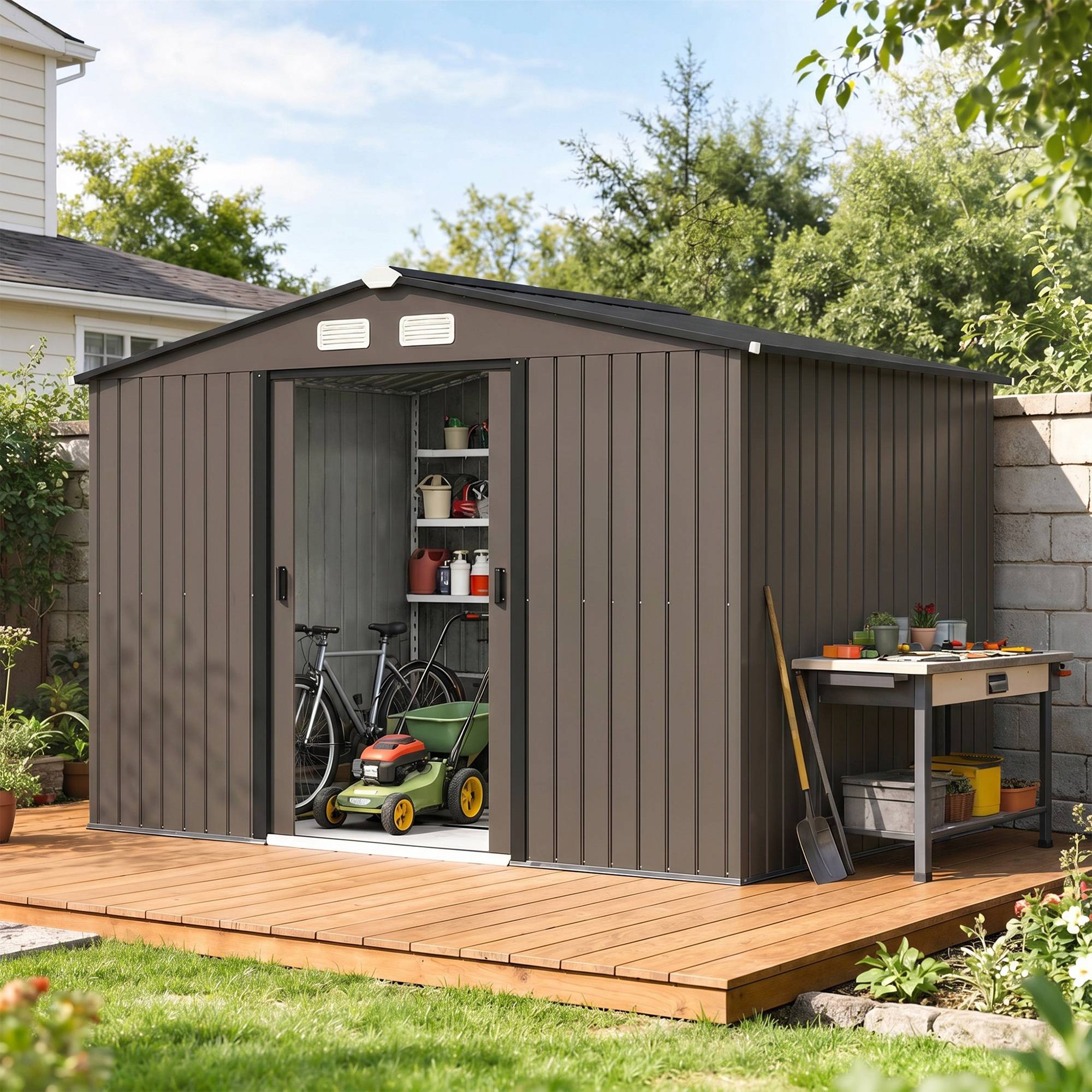Abri de jardin 4,9 m² (277 x 195 x 192 cm) avec 2 portes coulissantes, toit en pente et 4 fenêtres, marron - Image 3