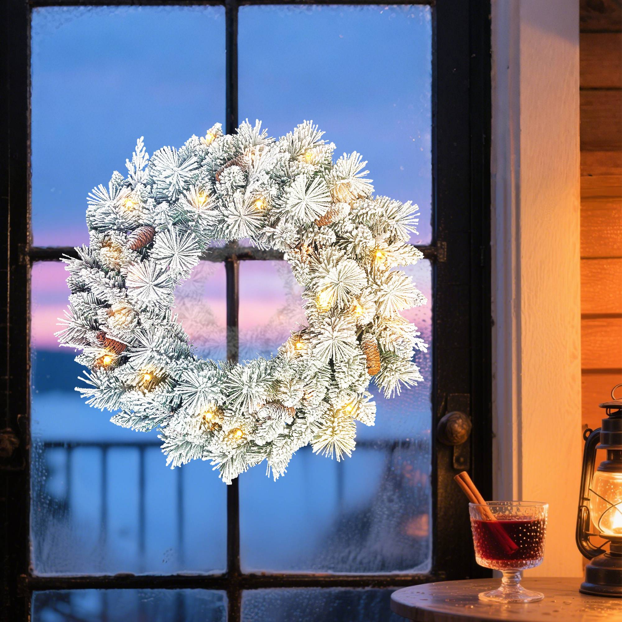 Couronne Noël lumineuse 60cm, 35 LED blanc chaud, minuterie, 98 branches, vert/blanc - Image 4