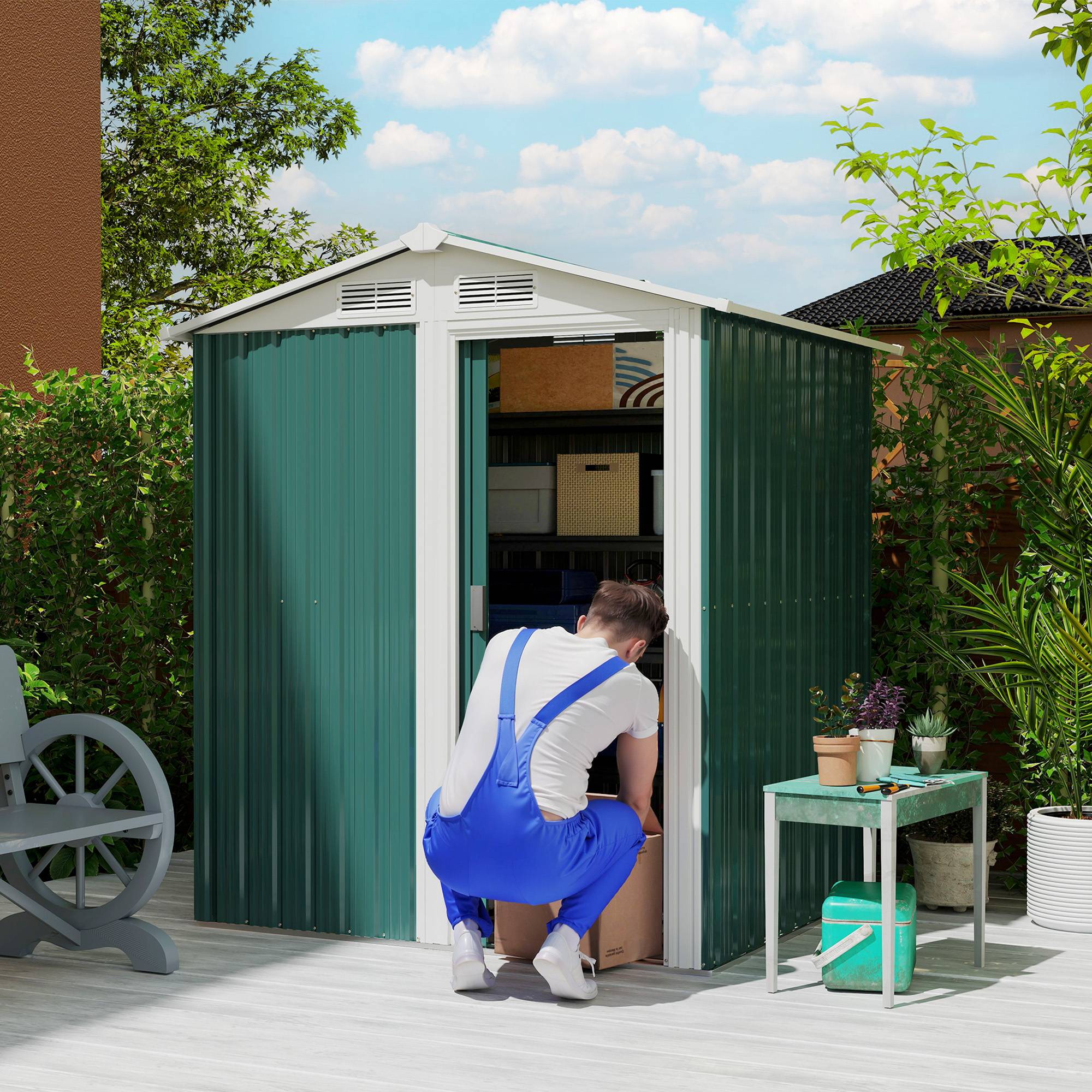 Abri de jardin acier avec toit incliné et 4 aérations 152x132x188 cm rangement sécurisé pour outils vert - Image 3