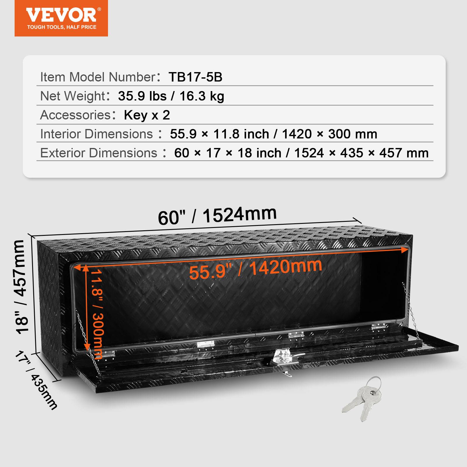 VEVOR Boîte outils camion 152,4x43,2x45,7 cm, alu, fixation sous-châssis, étanche. - Image 7