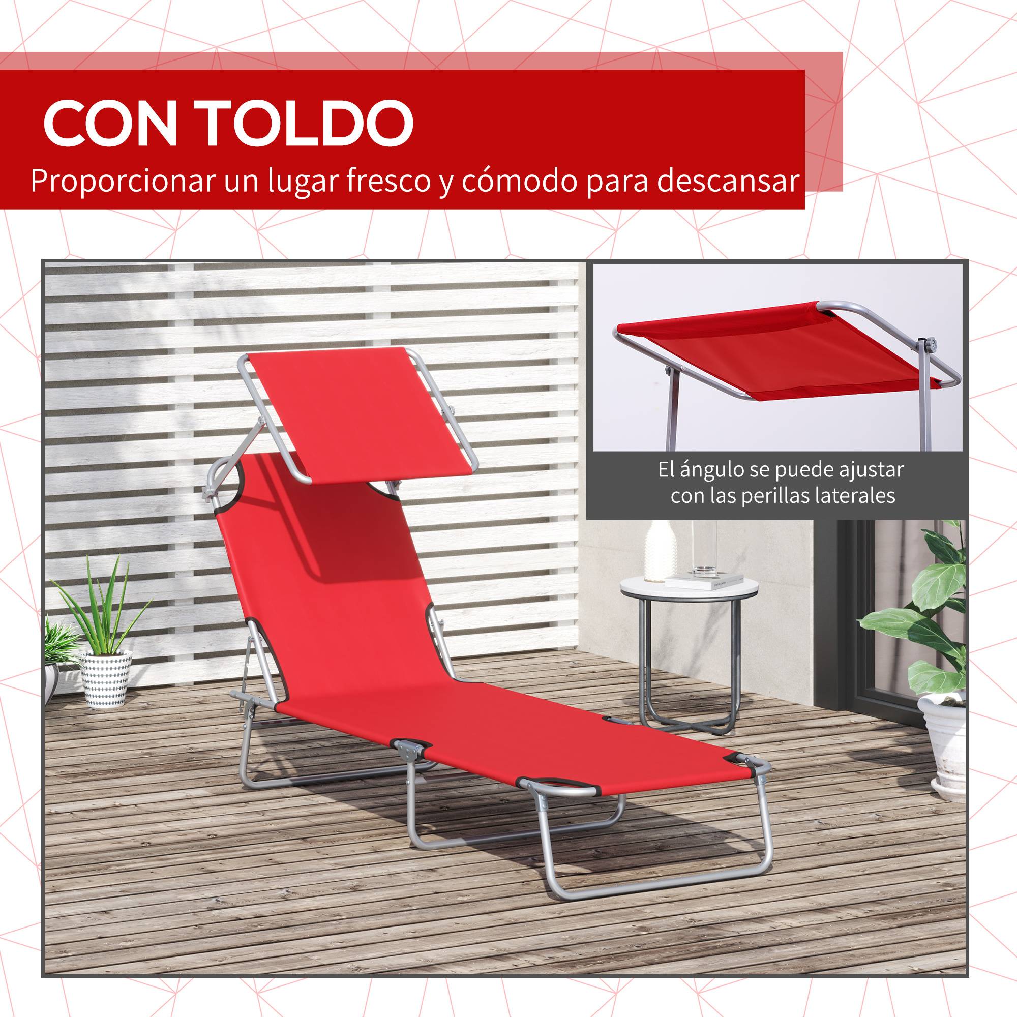 Transat de jardin inclinable avec auvent amovible, dossier réglable sur 4 positions, 187 x 58 x 36 cm, rouge - Image 8