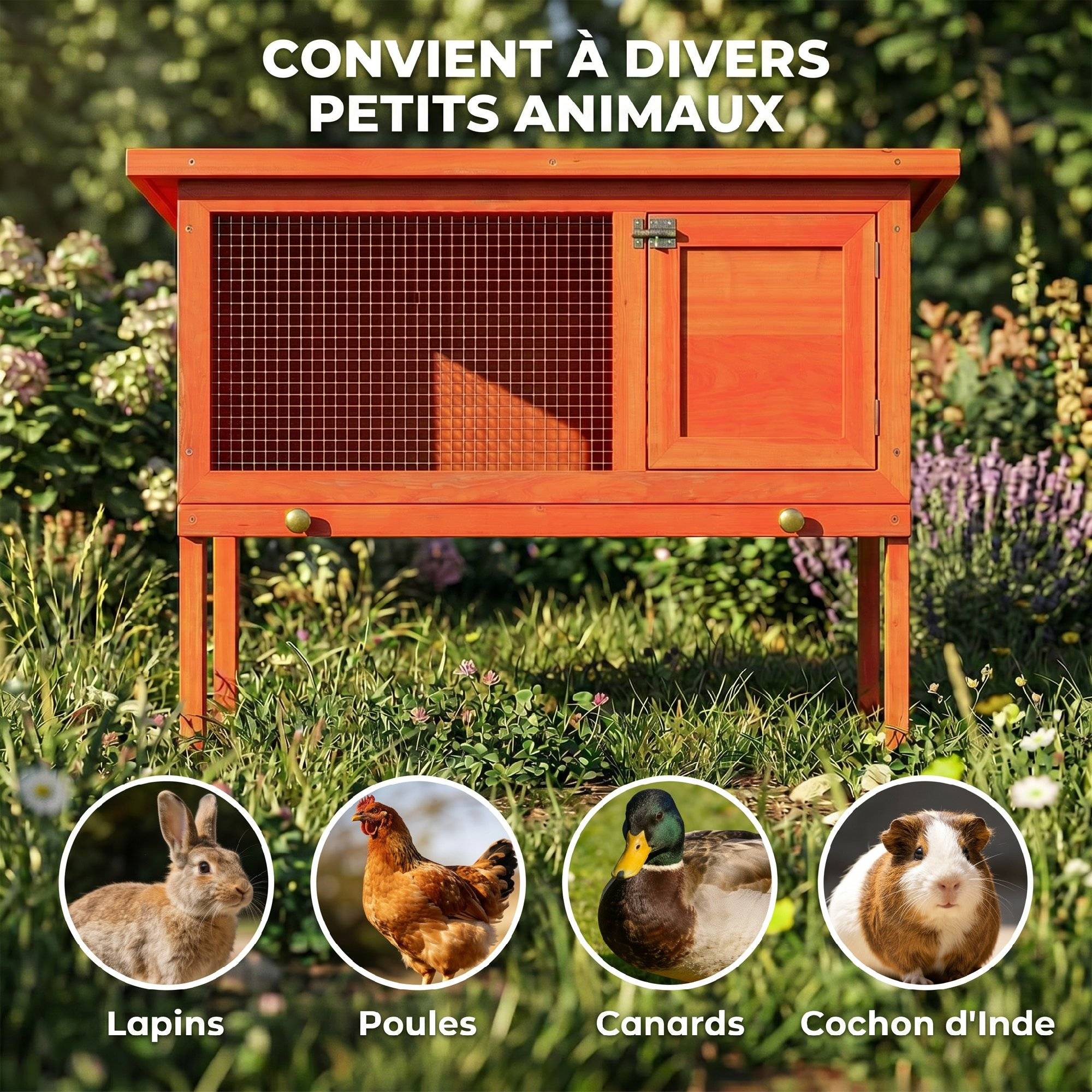 Sans Marque - Clapier Lapin Extérieur en Bois, Toit Ouvrable en Asphalt et Plateau Coulissant, Design Surélevé, 90x45x65cm, Orange - Image 10