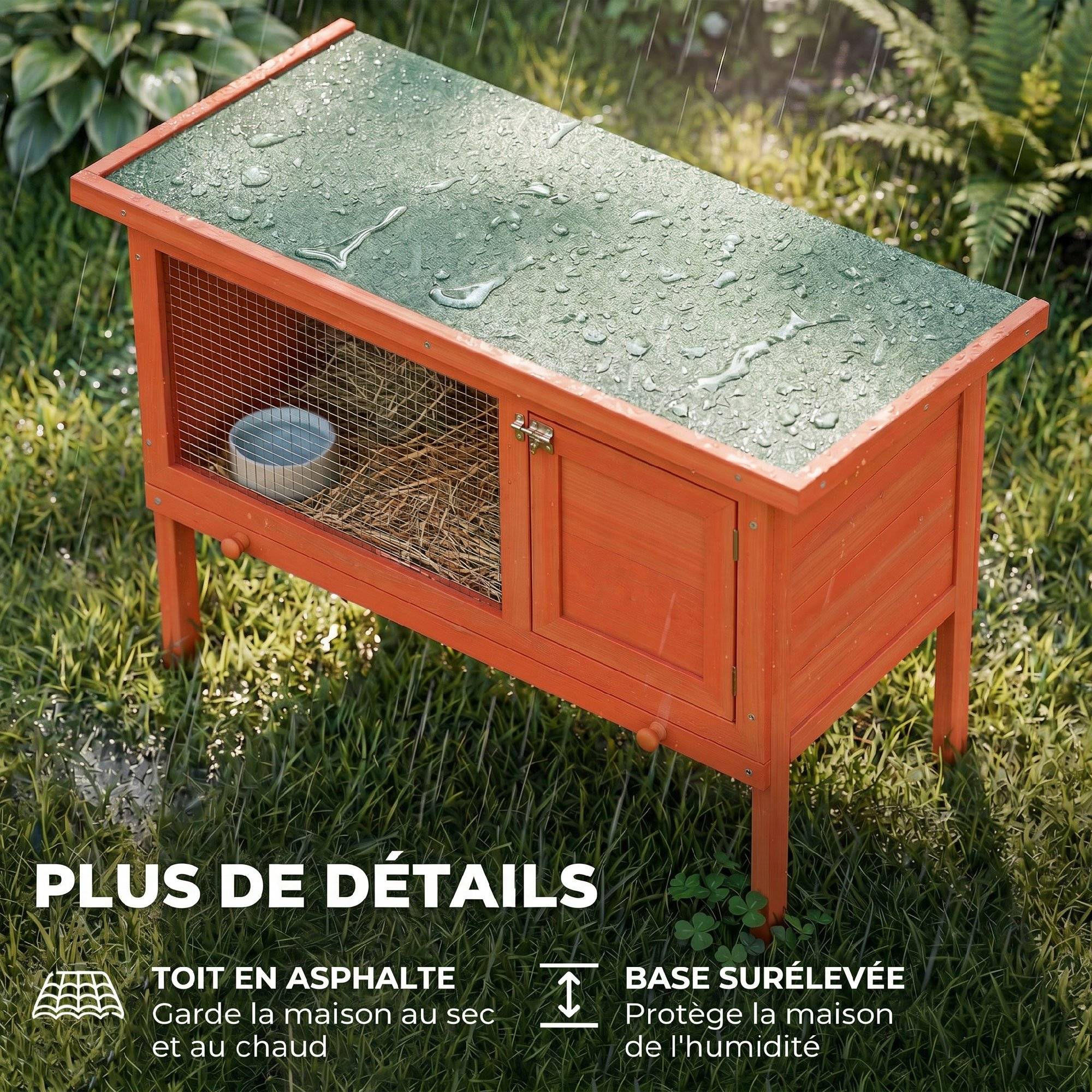 Sans Marque - Clapier Lapin Extérieur en Bois, Toit Ouvrable en Asphalt et Plateau Coulissant, Design Surélevé, 90x45x65cm, Orange - Image 9