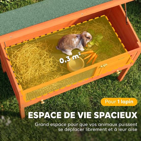 Sans Marque - Clapier Lapin Extérieur en Bois, Toit Ouvrable en Asphalt et Plateau Coulissant, Design Surélevé, 90x45x65cm, Orange - Image 6