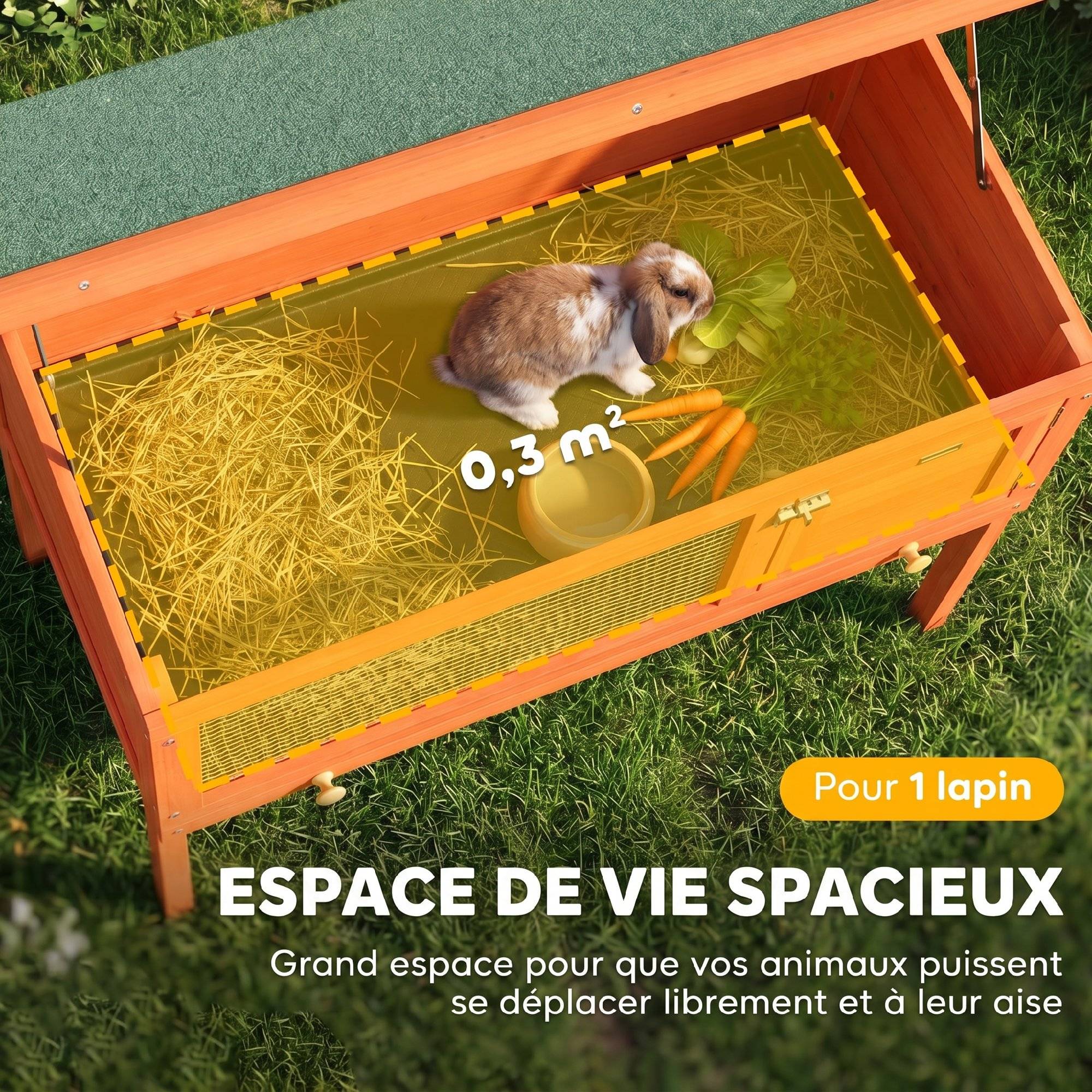 Sans Marque - Clapier Lapin Extérieur en Bois, Toit Ouvrable en Asphalt et Plateau Coulissant, Design Surélevé, 90x45x65cm, Orange - Image 6