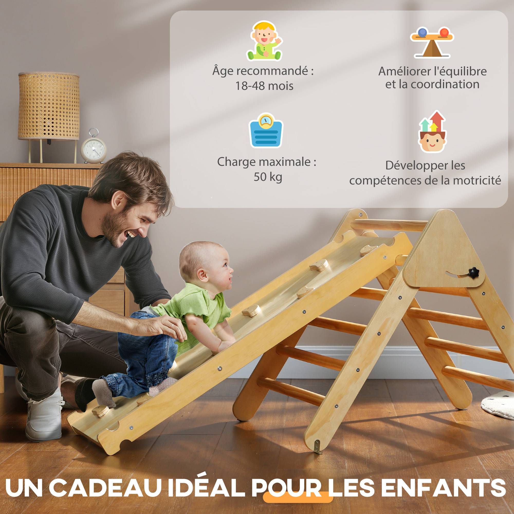 Triangle d'escalade, 3 en 1 en bois pour grimper et glisser, charge max. 50 kg, pour 18-48 mois, bois naturel - Image 10