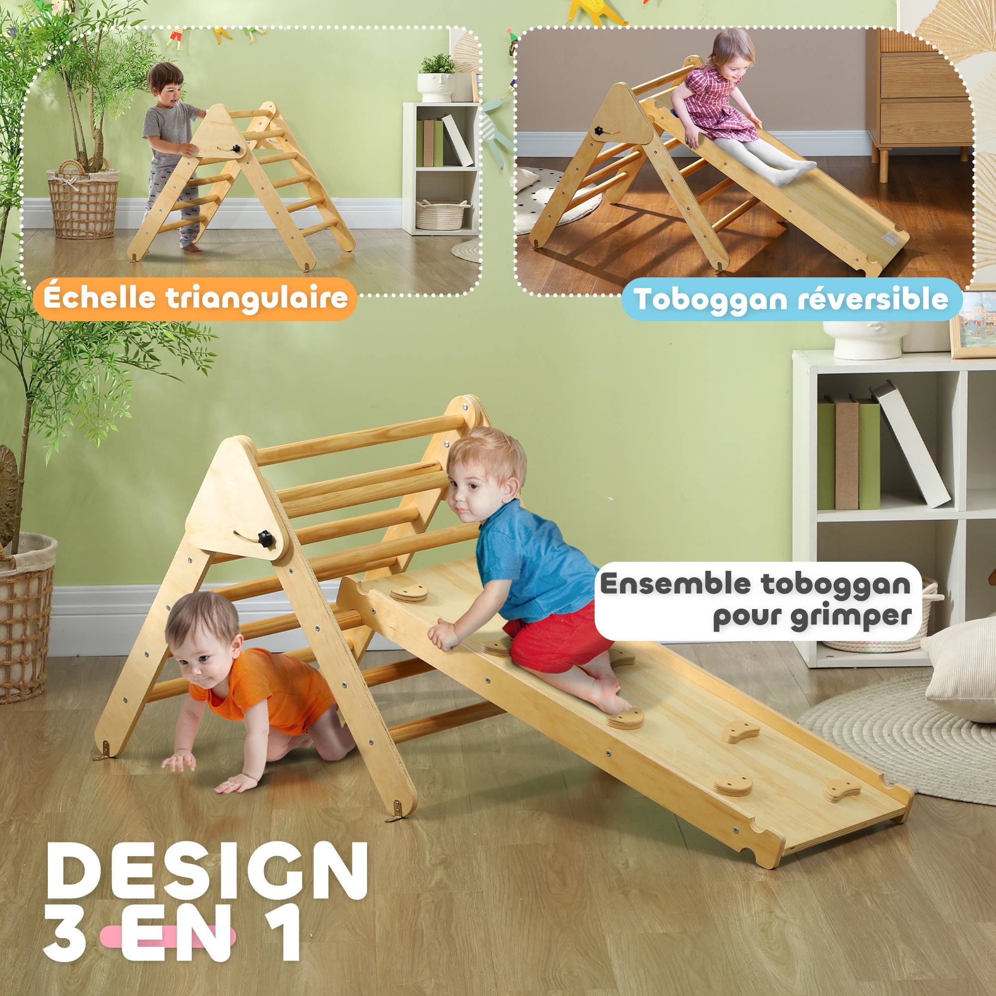 Triangle d'escalade, 3 en 1 en bois pour grimper et glisser, charge max. 50 kg, pour 18-48 mois, bois naturel - Image 6