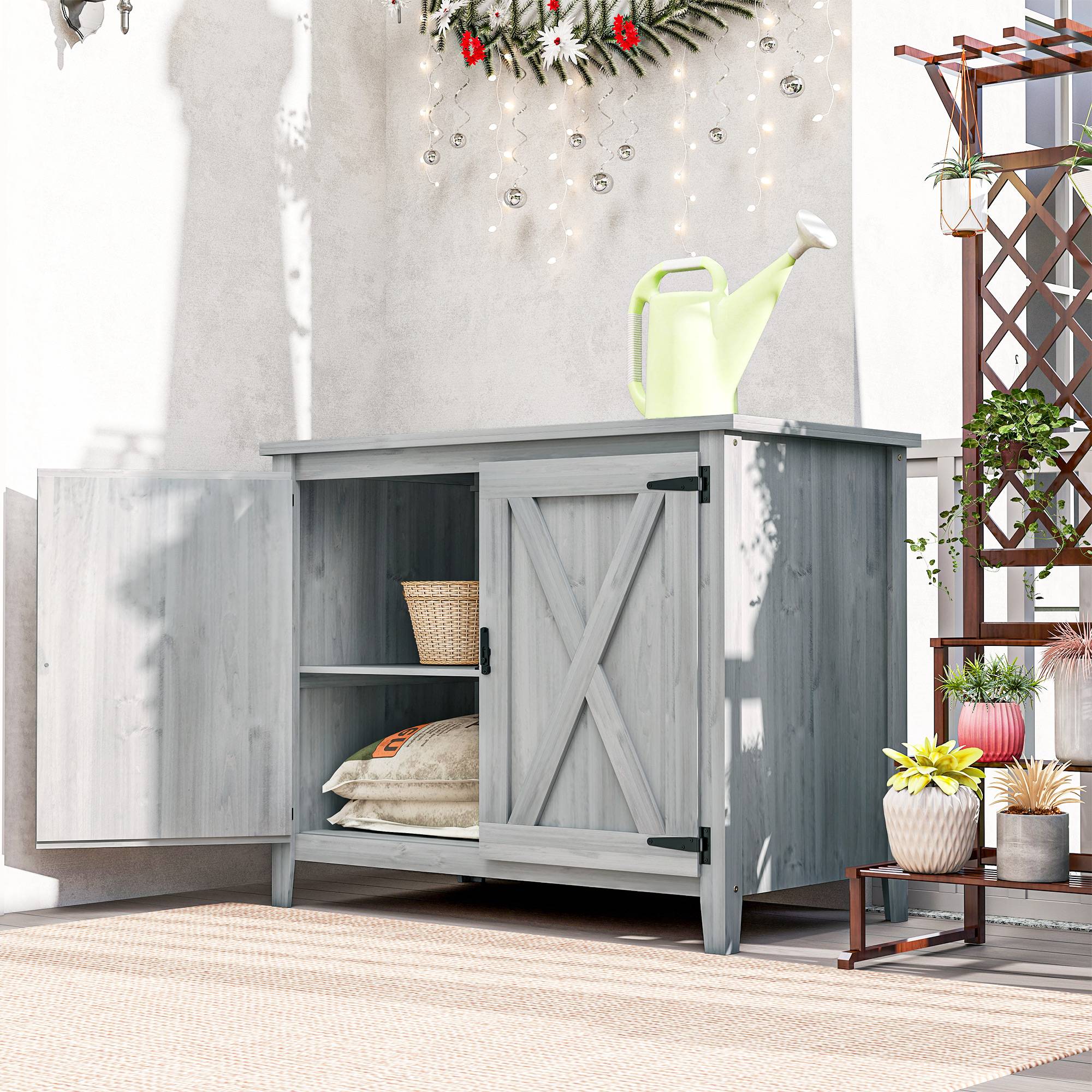 ComfortXL - Armoire de jardin en bois de sapin 110 x 60 x 88,5 cm gris clair double porte étagère intégrée pour terrasse - Image 1