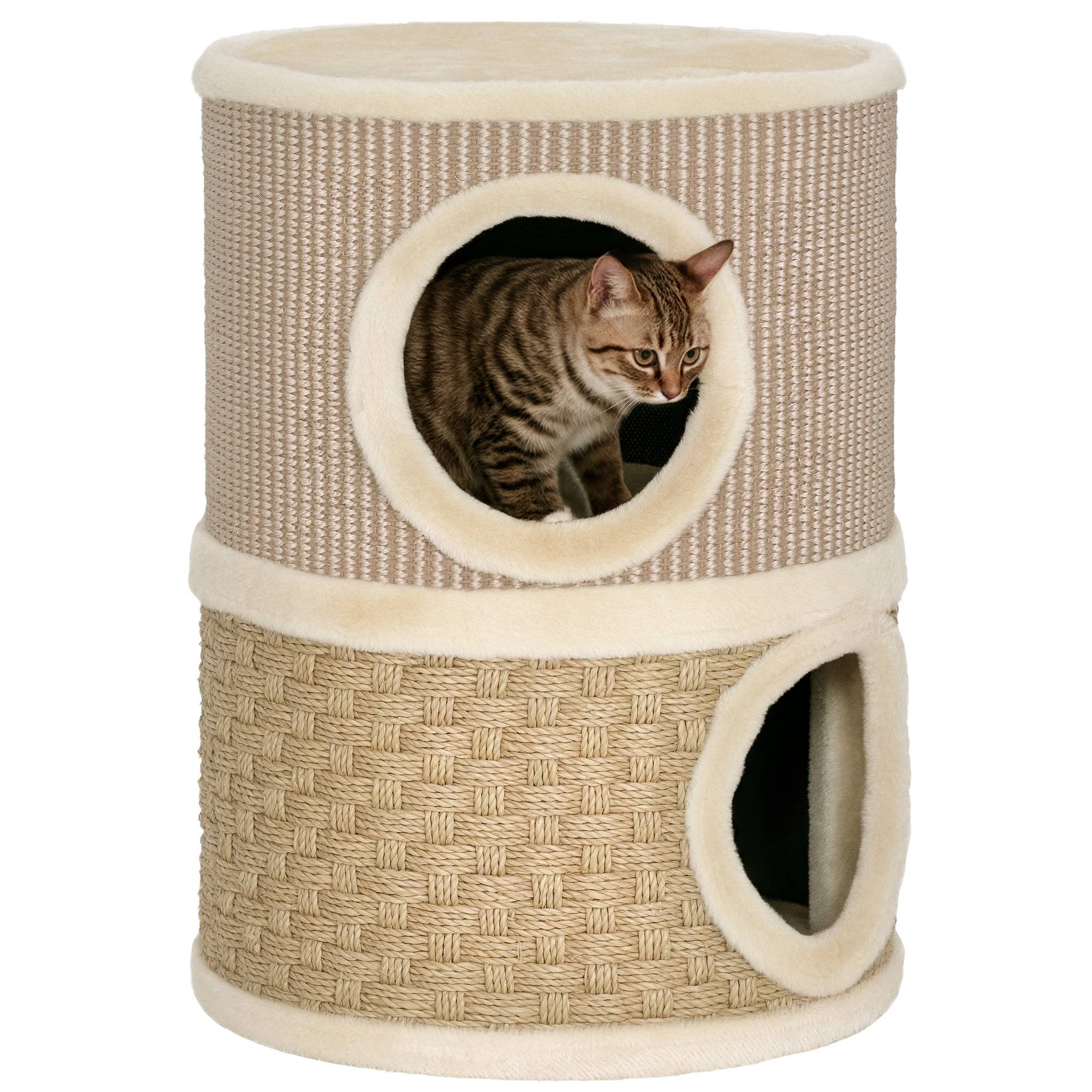 Tonneau à Griffer pour Chat 2 Niveaux Tour de Jeu en Sisal avec Lit Supérieur Niche Double 49 cm Kaki - ComfortXL Outdoor Living - Image 1