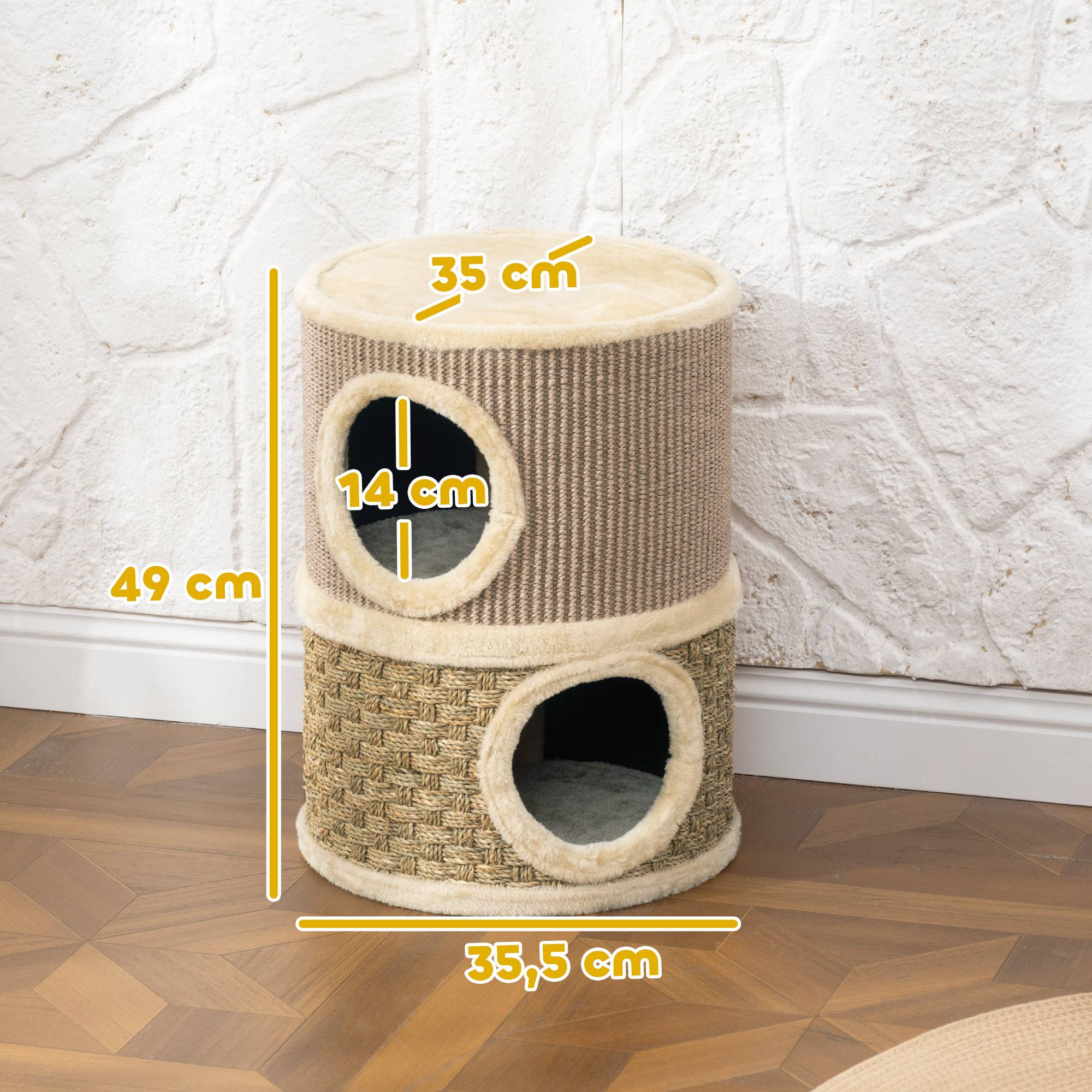 Tonneau à Griffer pour Chat 2 Niveaux Tour de Jeu en Sisal avec Lit Supérieur Niche Double 49 cm Kaki - ComfortXL Outdoor Living - Image 5
