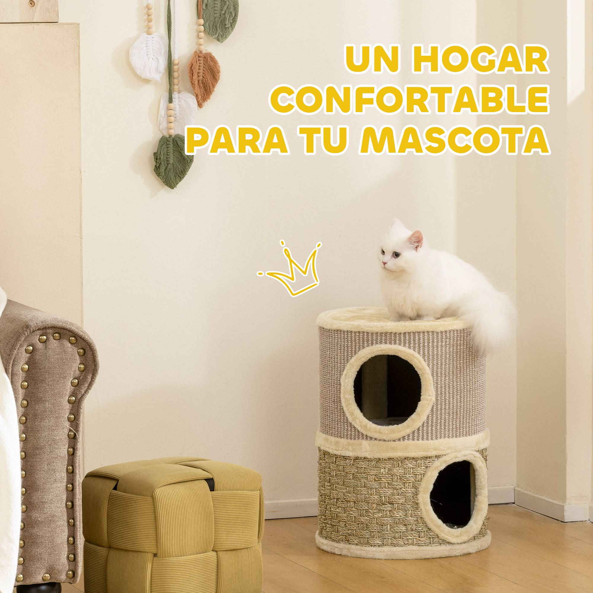 Tonneau à Griffer pour Chat 2 Niveaux Tour de Jeu en Sisal avec Lit Supérieur Niche Double 49 cm Kaki - ComfortXL Outdoor Living - Image 6
