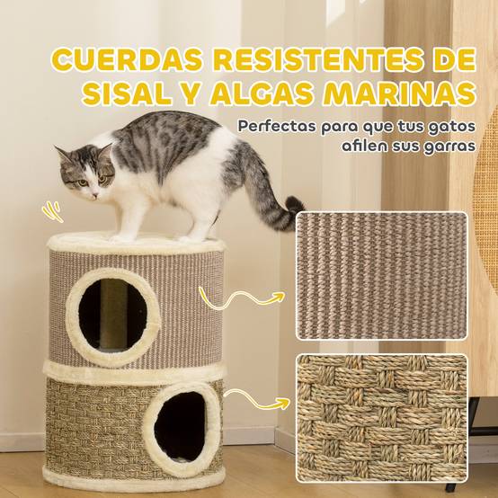 Tonneau à Griffer pour Chat 2 Niveaux Tour de Jeu en Sisal avec Lit Supérieur Niche Double 49 cm Kaki - ComfortXL Outdoor Living - Image 8