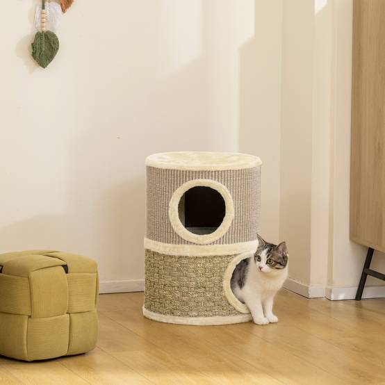 Tonneau à Griffer pour Chat 2 Niveaux Tour de Jeu en Sisal avec Lit Supérieur Niche Double 49 cm Kaki - ComfortXL Outdoor Living - Image 3