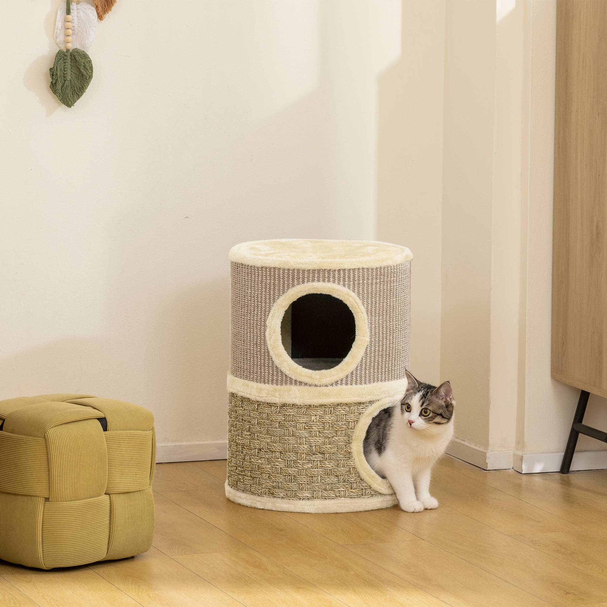 Tonneau à Griffer pour Chat 2 Niveaux Tour de Jeu en Sisal avec Lit Supérieur Niche Double 49 cm Kaki - ComfortXL Outdoor Living - Image 3