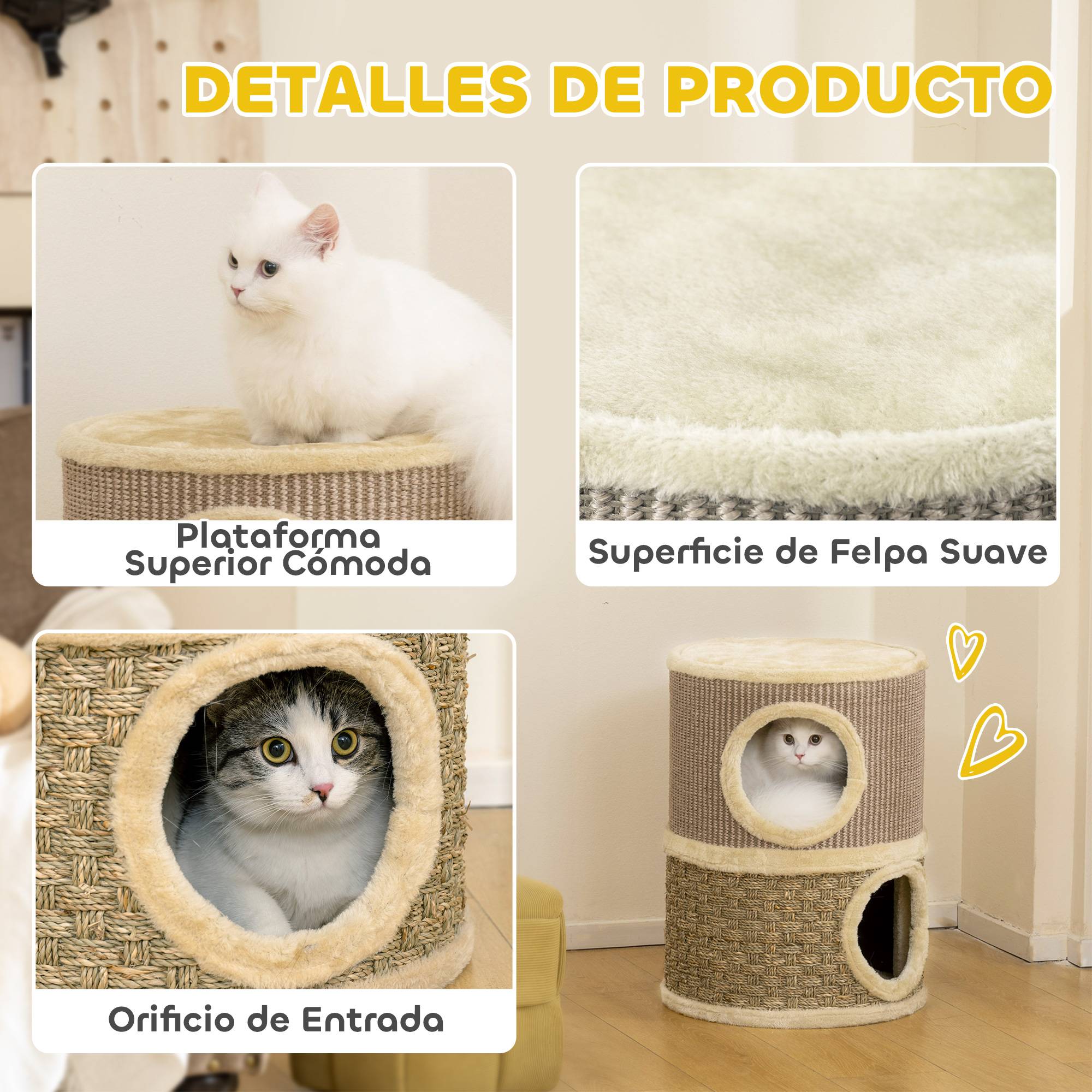 Tonneau à Griffer pour Chat 2 Niveaux Tour de Jeu en Sisal avec Lit Supérieur Niche Double 49 cm Kaki - ComfortXL Outdoor Living - Image 7
